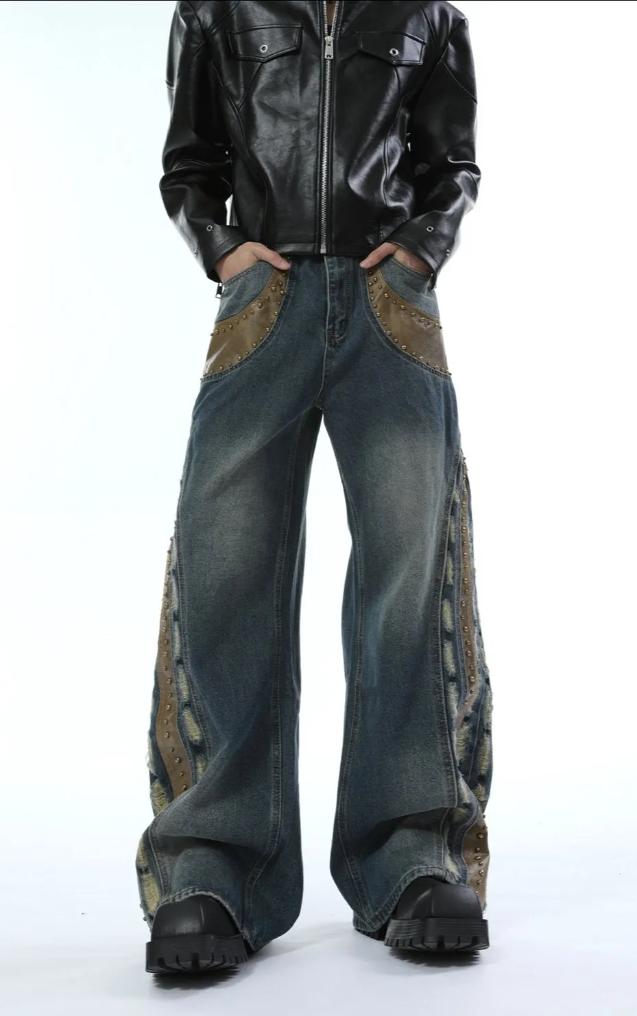 【24s Nov.】Retro Contrast Beaded Scimitar Design Jeans