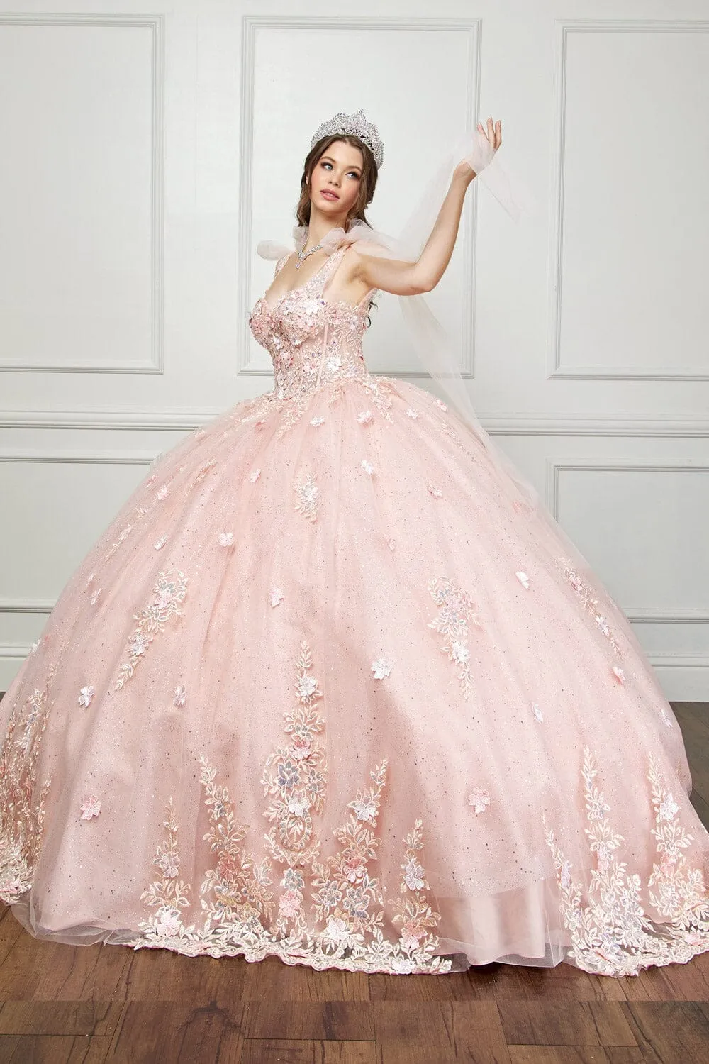 3D Floral Cape Sleeve Corset Ball Gown by Petite Adele PQ1045