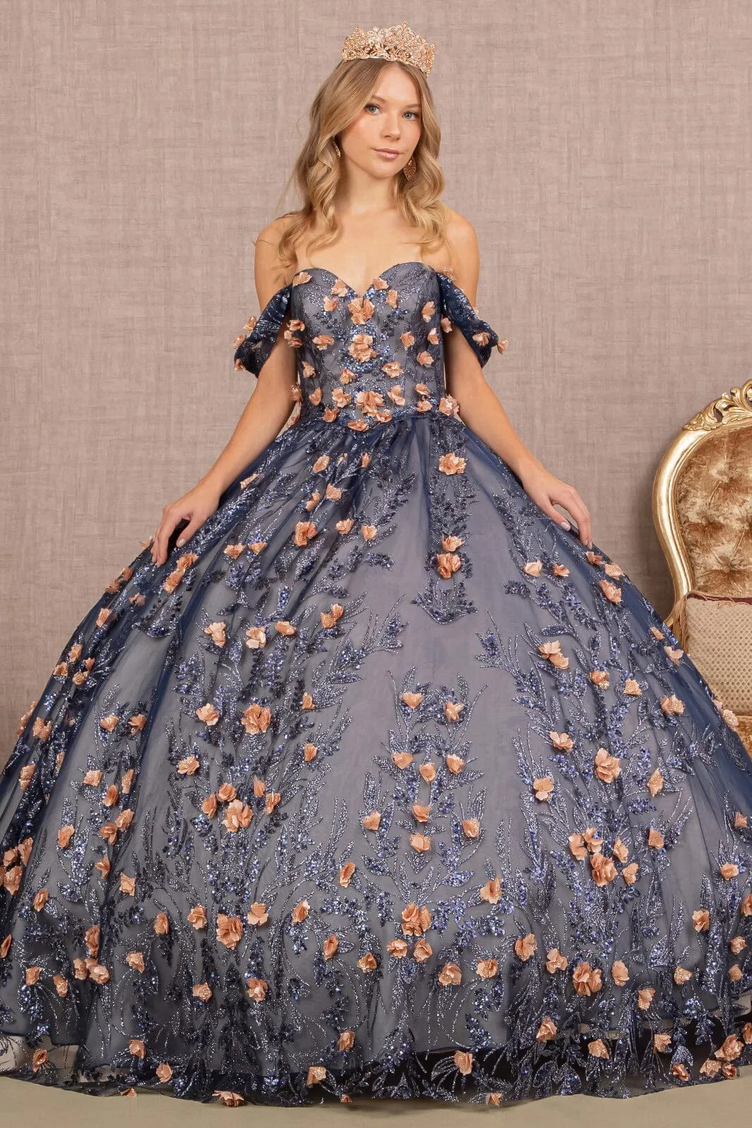 3D Floral Off Shoulder Glitter Ball Gown by Elizabeth K GL3106