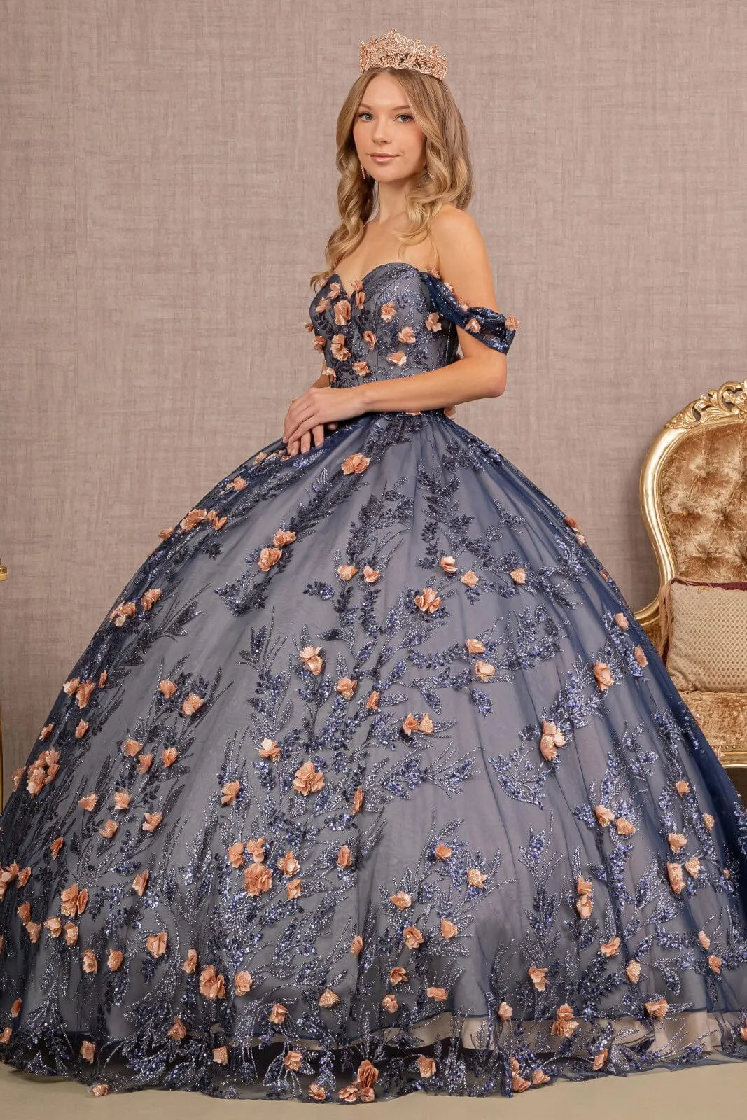 3D Floral Off Shoulder Glitter Ball Gown by Elizabeth K GL3106