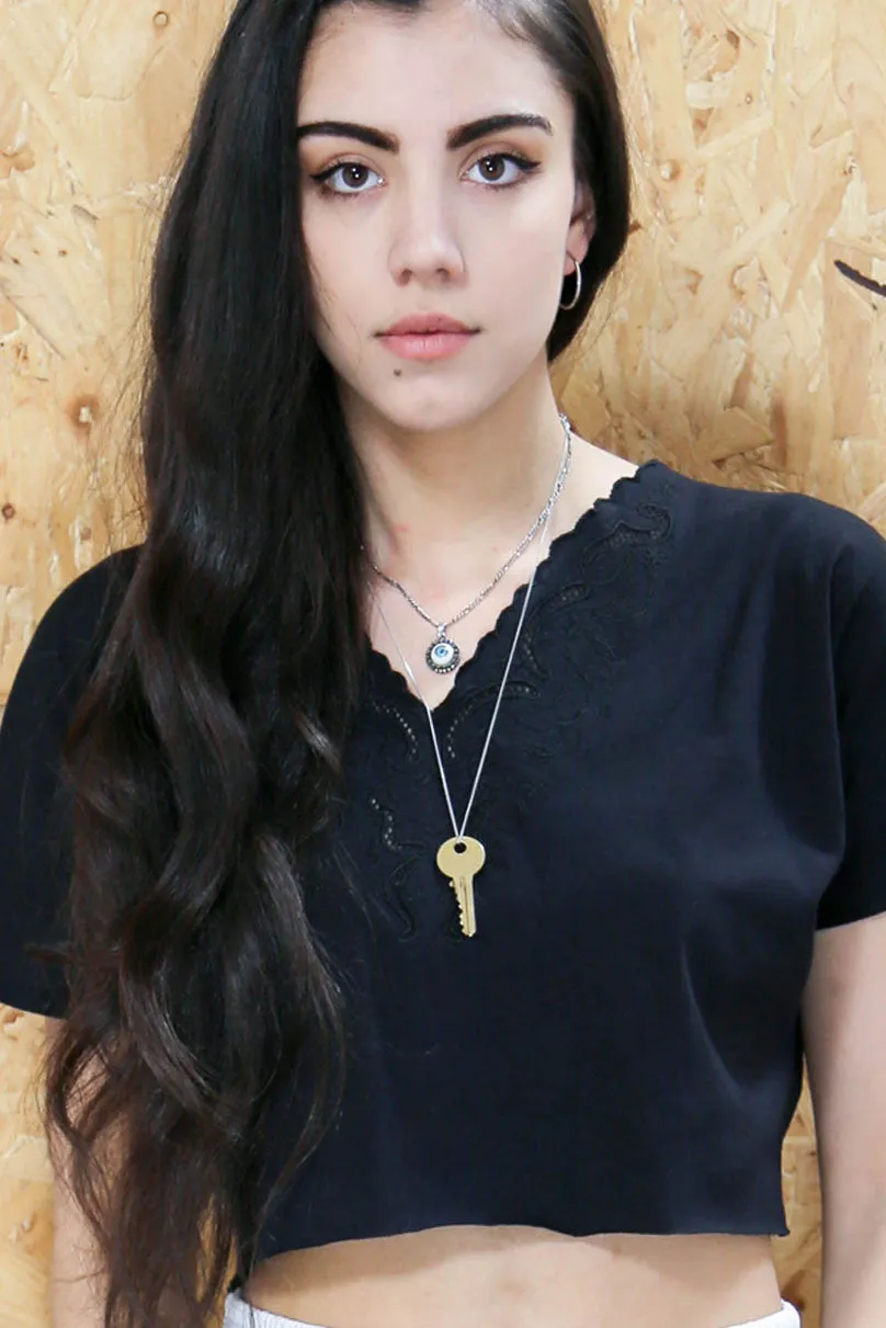 Black Embroidered Crop T-Shirt