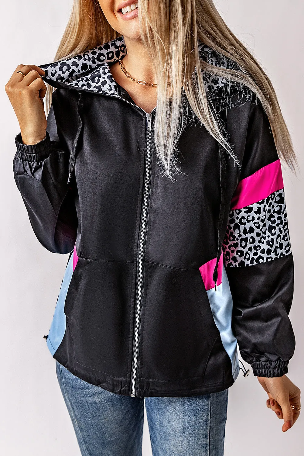 Black Leopard Color Block Pockets Zip-Up Hooded Jacket