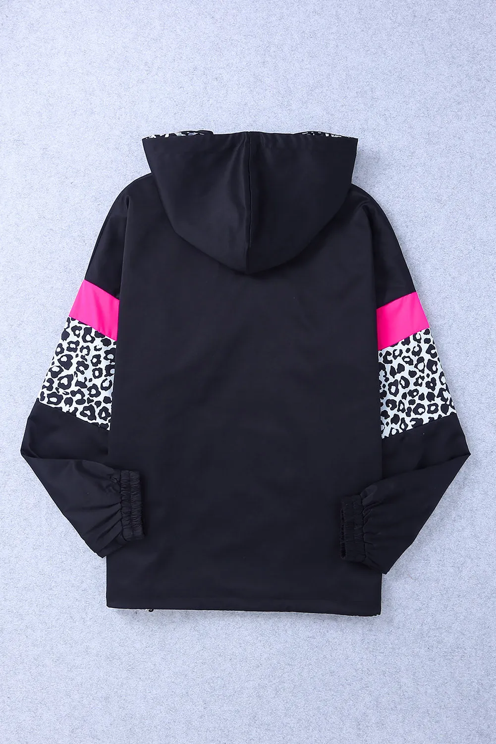 Black Leopard Color Block Pockets Zip-Up Hooded Jacket