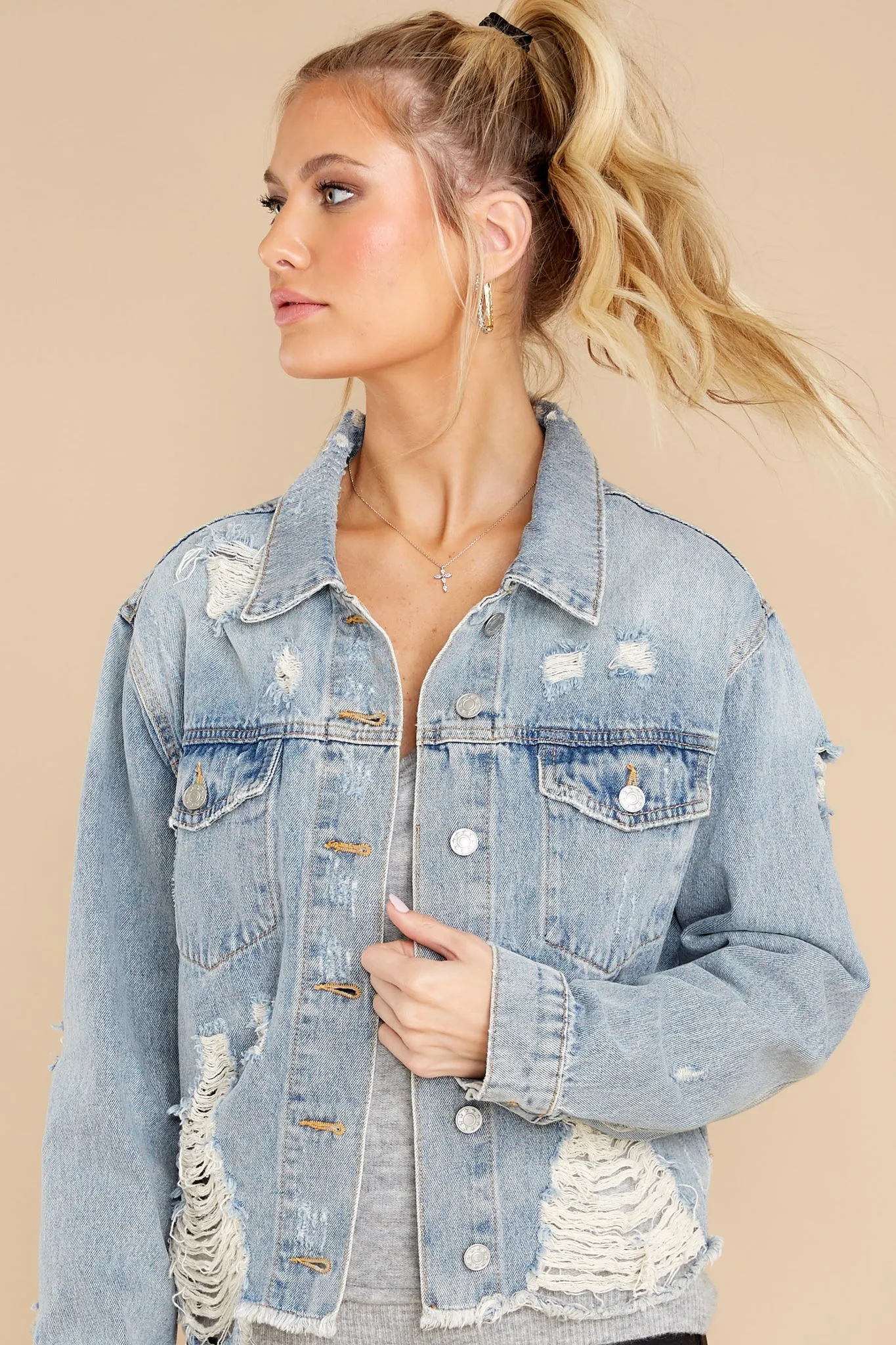 Daring In This Medium Wash Distressed Denim Jacket