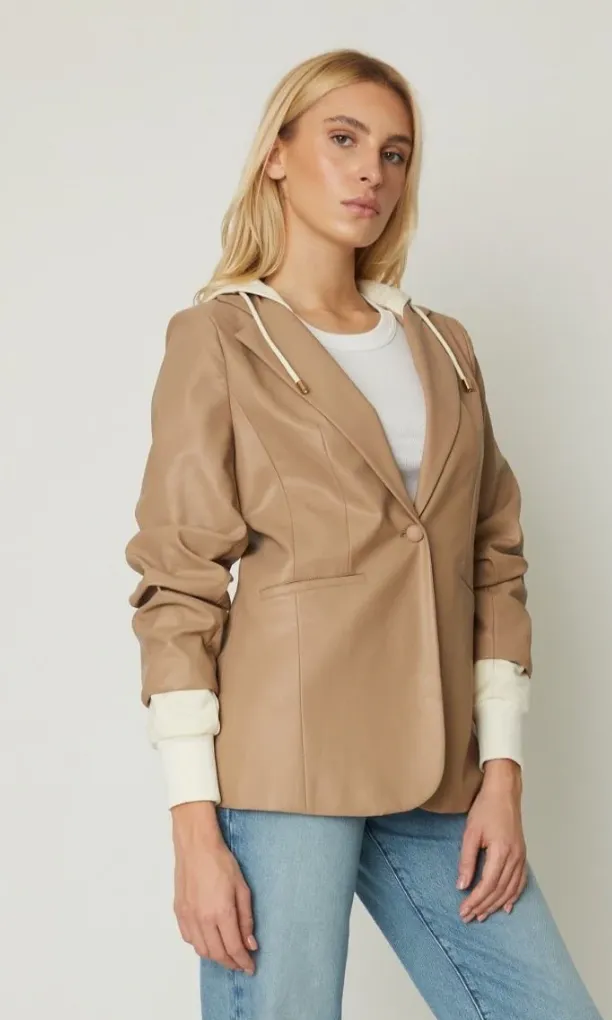 Denise Faux Leather and Hoodie Jacket Tan/Cream