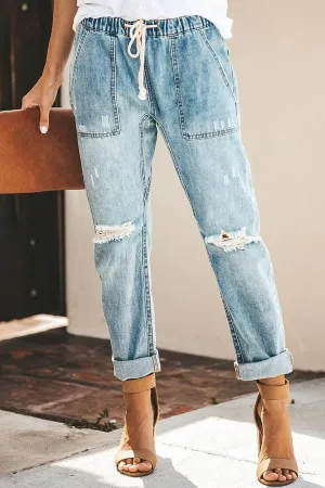 Drawstring Casual Blue Mom Jeans