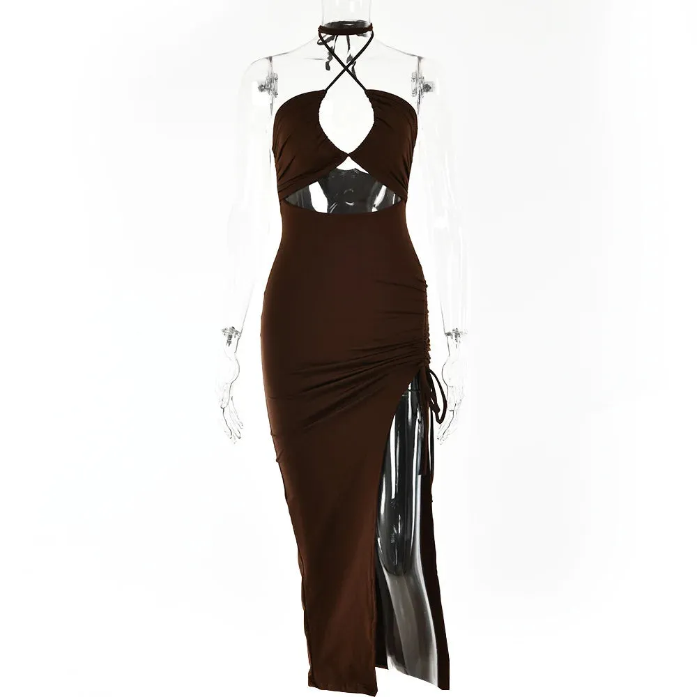 Elegant Female Fashion Vestidos Summer Mid-length Skirt with Versatile Slit and Cut Out Dress