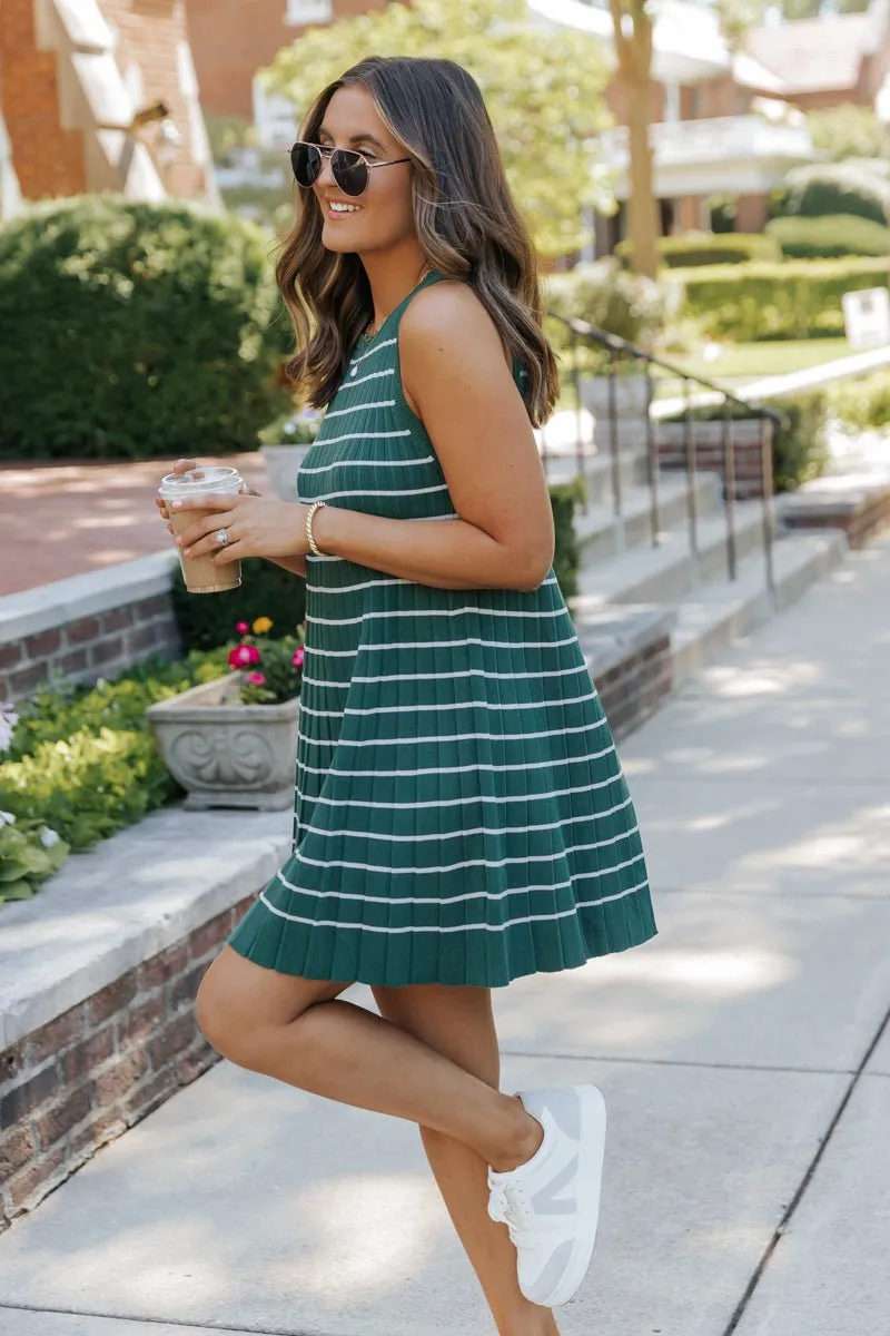 Green Stripe Pleated Mini Dress