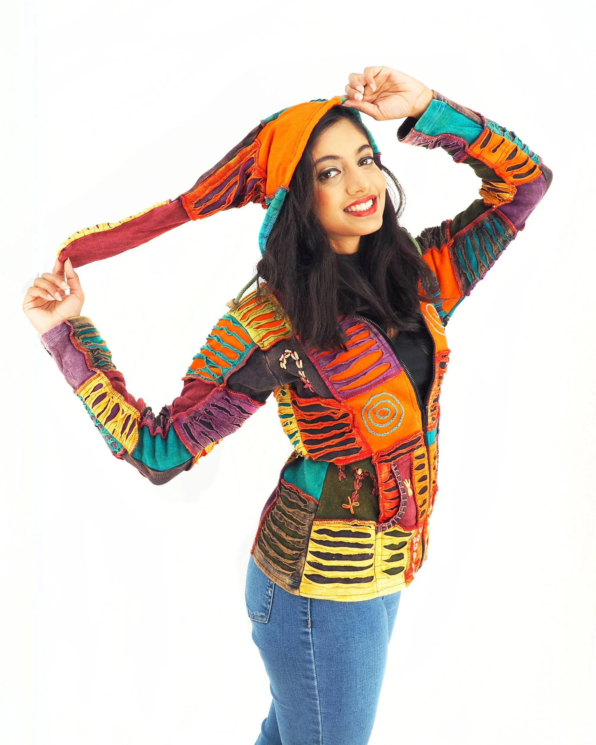 Handmade Patchwork Boho Hippie Jacket Pre-Washed Cotton Orange Tones Detachable Hood