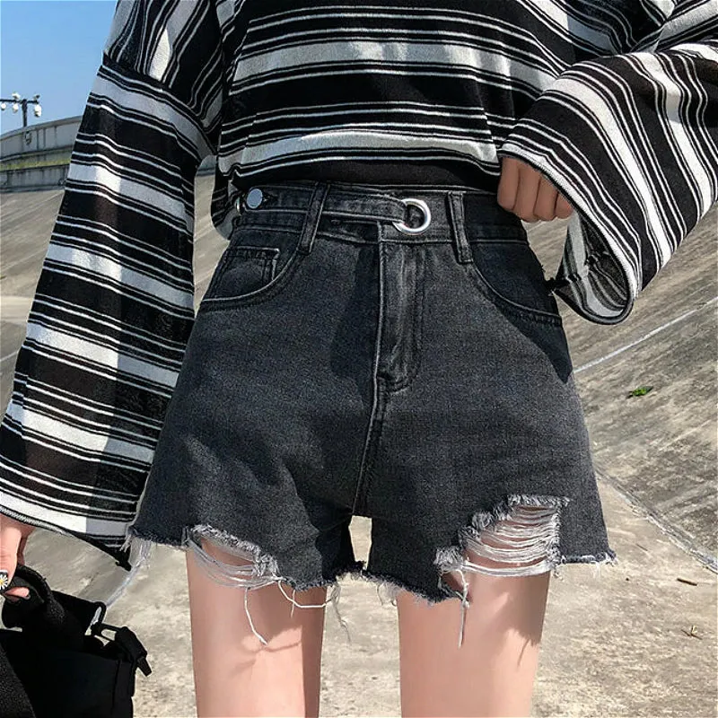 KittenAlarm - High Waist Trendy Button Ripped Shorts Jeans