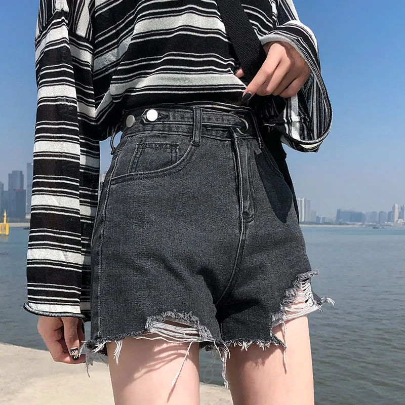 KittenAlarm - High Waist Trendy Button Ripped Shorts Jeans