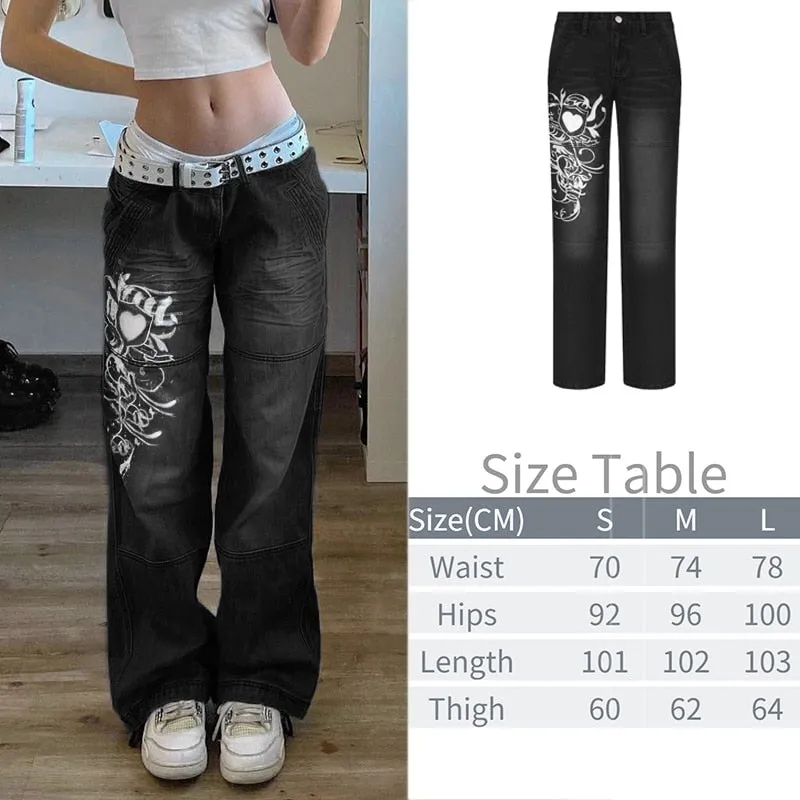 KittenAlarm - New Printed Baggy Y2K Jeans Women's Low Waist jeans Autumn Winter Oversize Wide Leg Baggy Pants Casual Cargo Trousers