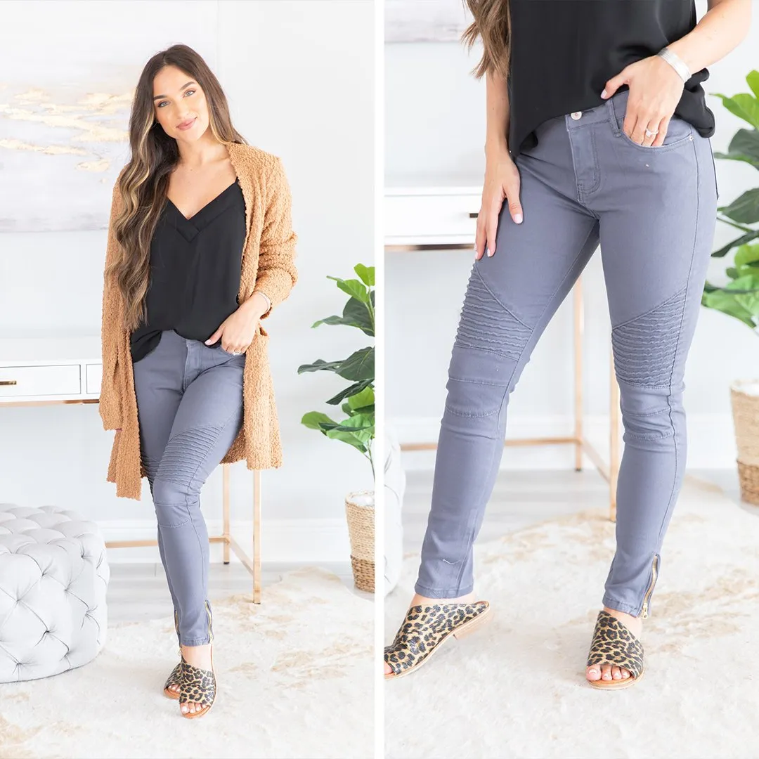 Living For The Day Gray Moto Zip Jeans