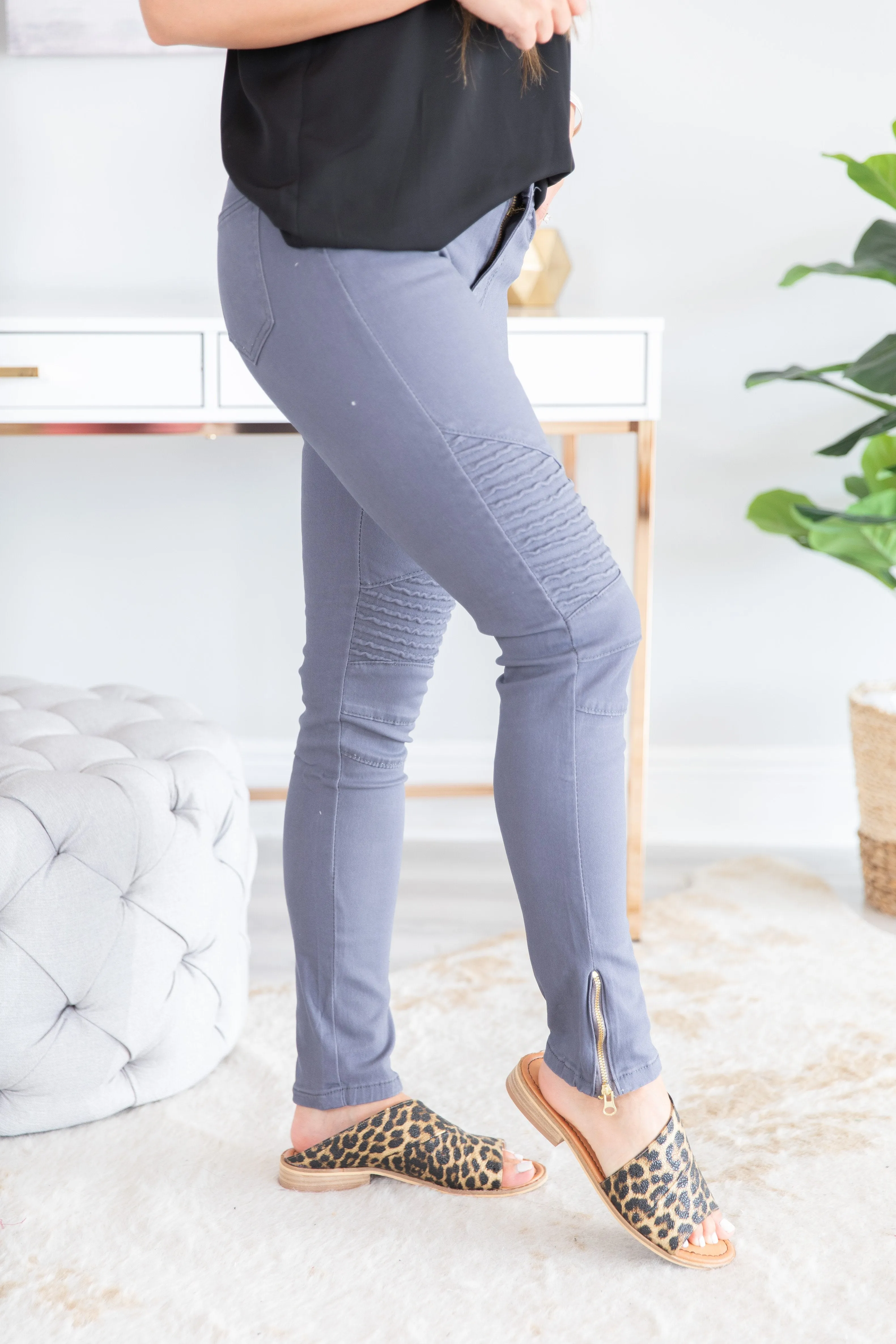 Living For The Day Gray Moto Zip Jeans