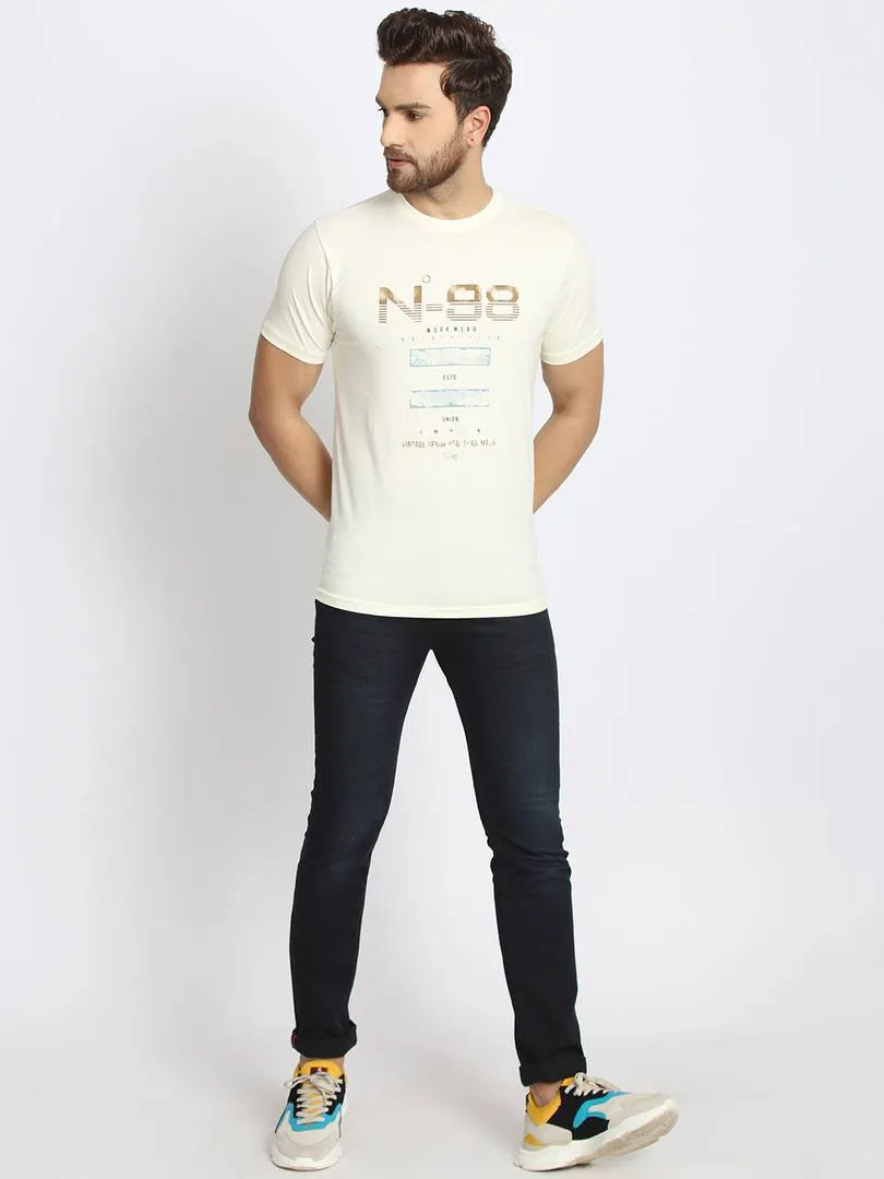 Men's Off White Printed Cotton Round Neck Tees