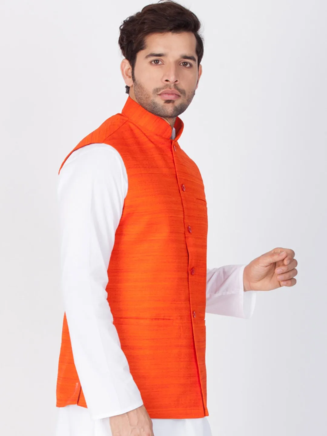 Men's Orange Cotton Blend Ethnic Jacket - Vastramay