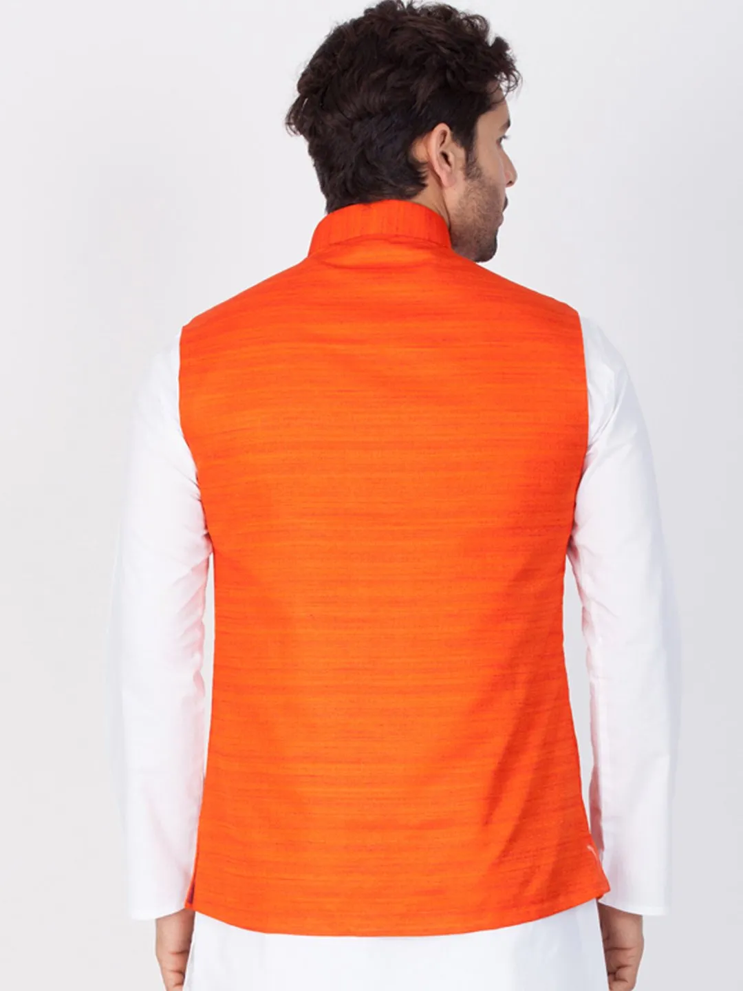 Men's Orange Cotton Blend Ethnic Jacket - Vastramay