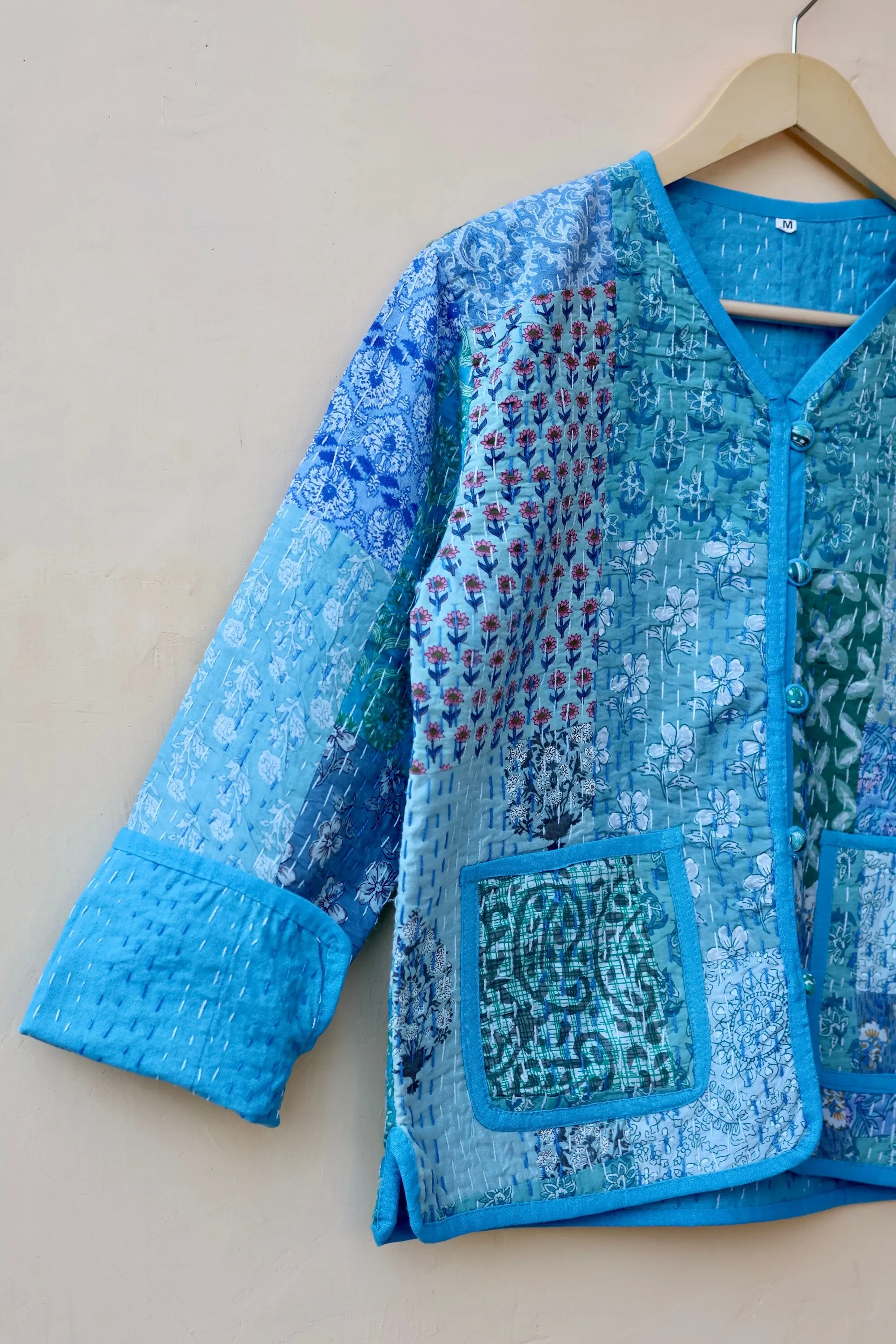 Patchwork Kantha Quilted Jacket, Indian Handmade Stylish Blue Patchwork Women's Coat, Winter Spring Reversible Kantha Jacket for Her