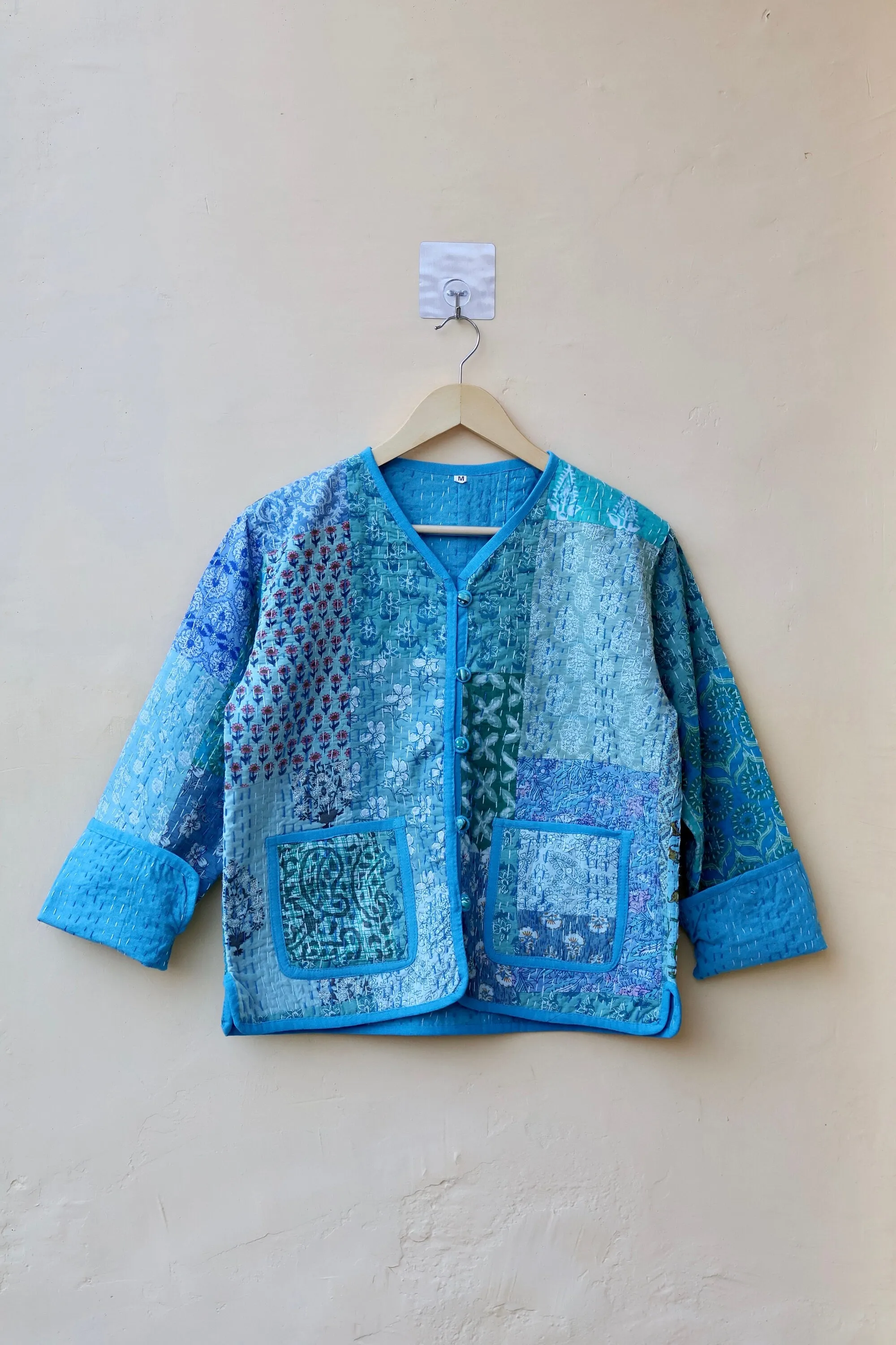 Patchwork Kantha Quilted Jacket, Indian Handmade Stylish Blue Patchwork Women's Coat, Winter Spring Reversible Kantha Jacket for Her