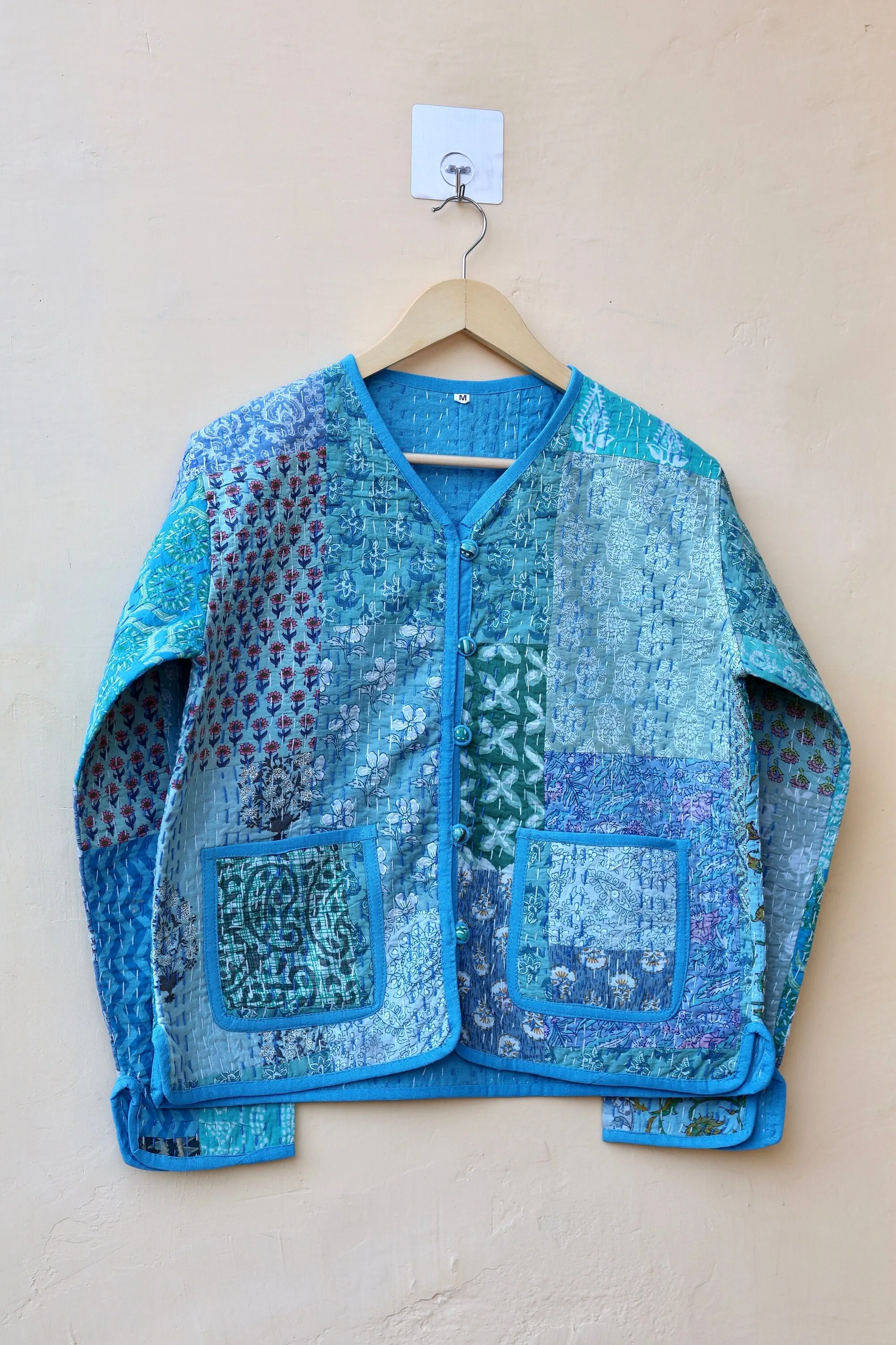 Patchwork Kantha Quilted Jacket, Indian Handmade Stylish Blue Patchwork Women's Coat, Winter Spring Reversible Kantha Jacket for Her