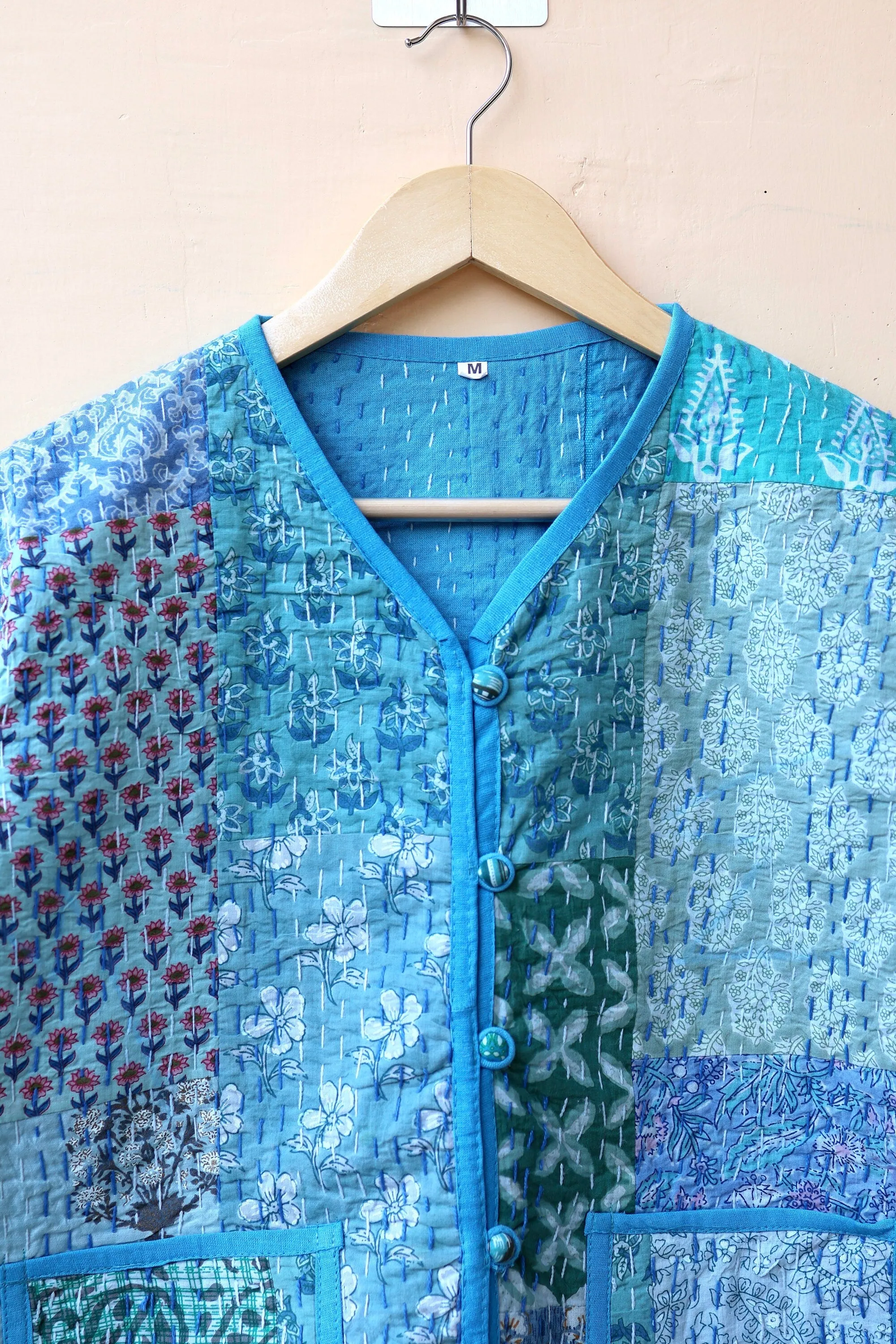 Patchwork Kantha Quilted Jacket, Indian Handmade Stylish Blue Patchwork Women's Coat, Winter Spring Reversible Kantha Jacket for Her