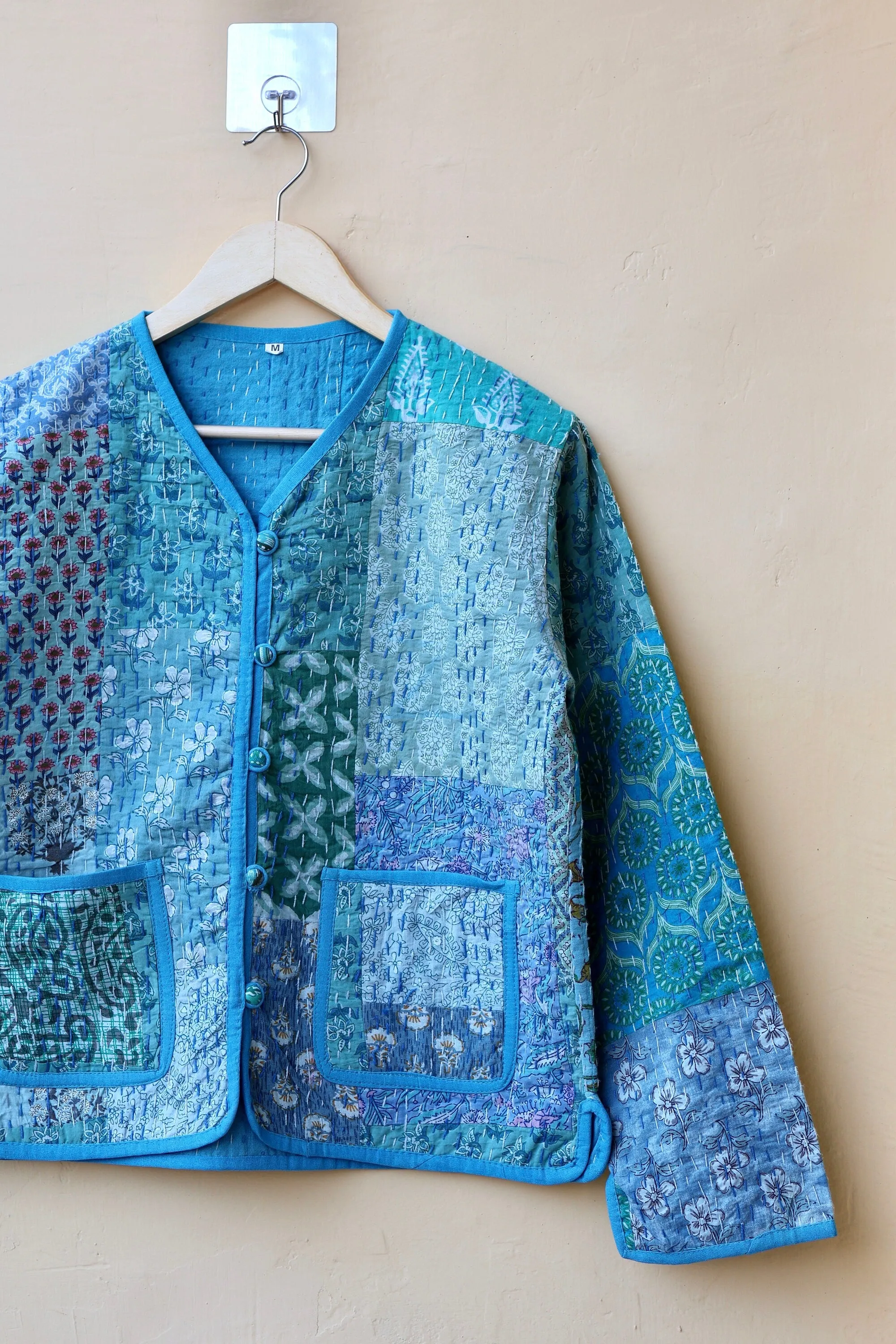 Patchwork Kantha Quilted Jacket, Indian Handmade Stylish Blue Patchwork Women's Coat, Winter Spring Reversible Kantha Jacket for Her