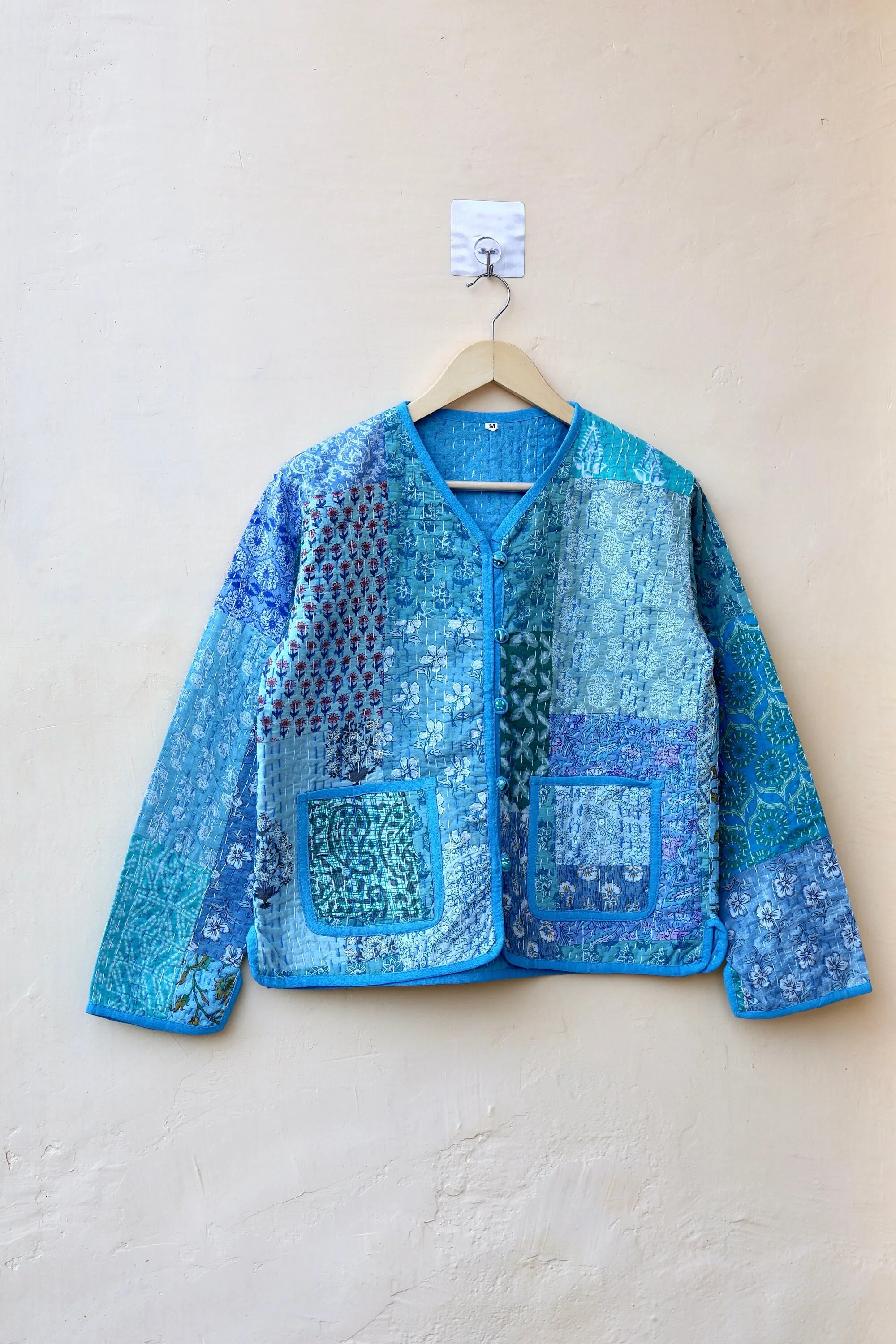 Patchwork Kantha Quilted Jacket, Indian Handmade Stylish Blue Patchwork Women's Coat, Winter Spring Reversible Kantha Jacket for Her