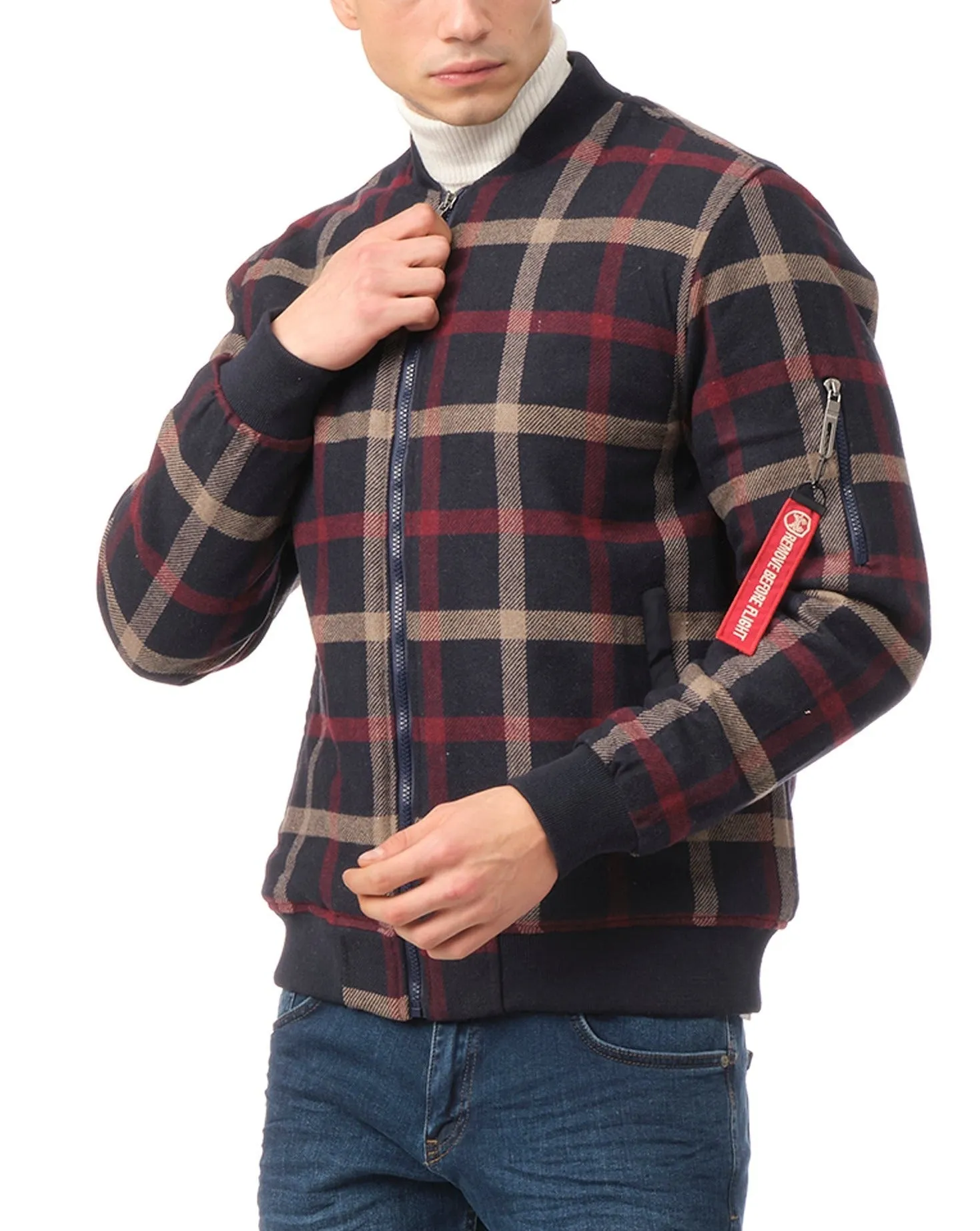 Plaid Bomber Jacket - Navy/Red