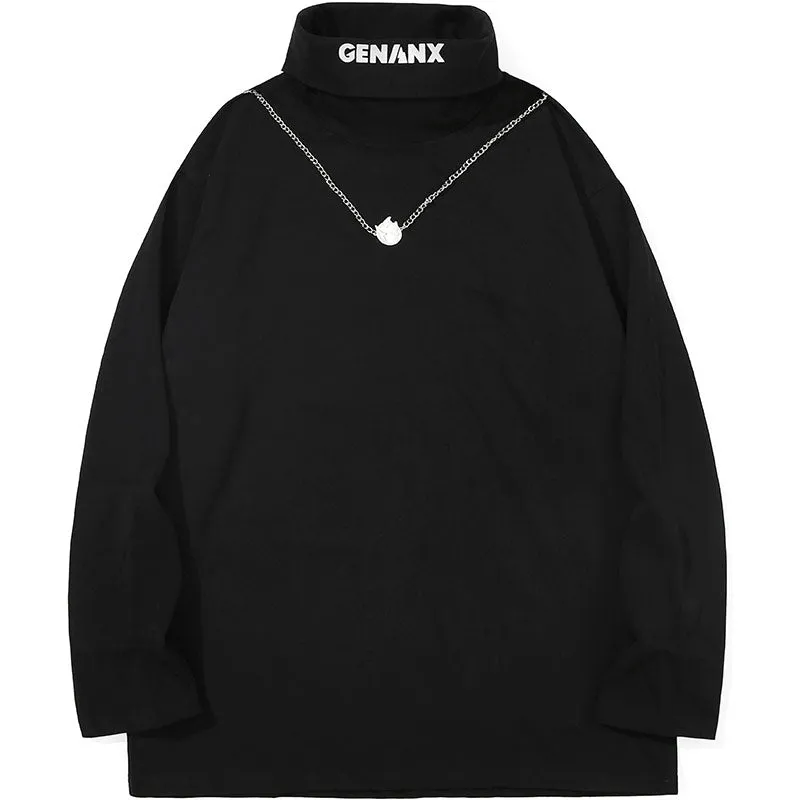 Plain Removable Chain Turtleneck T-Shirt