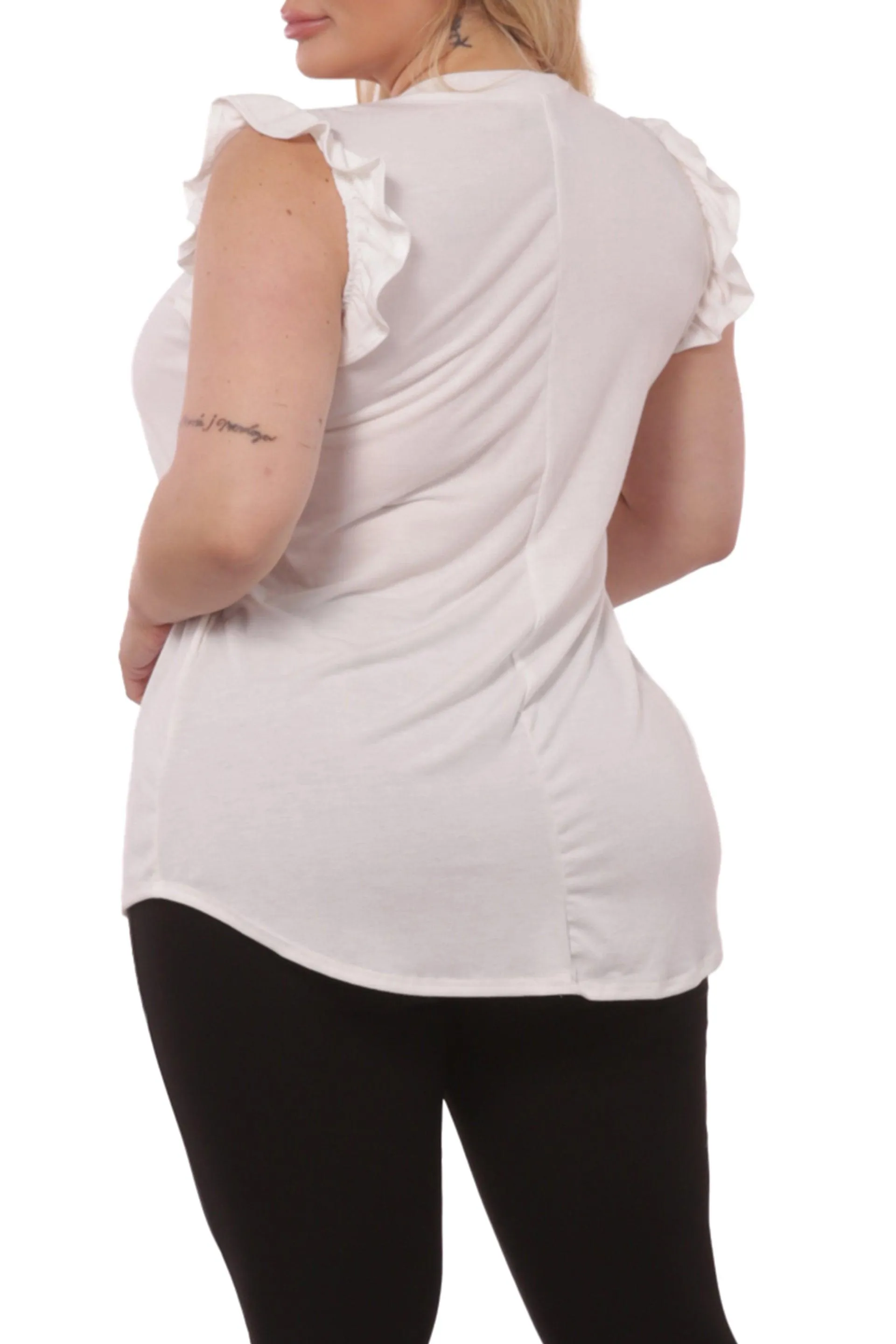 Plus Size V-Neck Tops With Ruffle Armhole Detail - Ivory