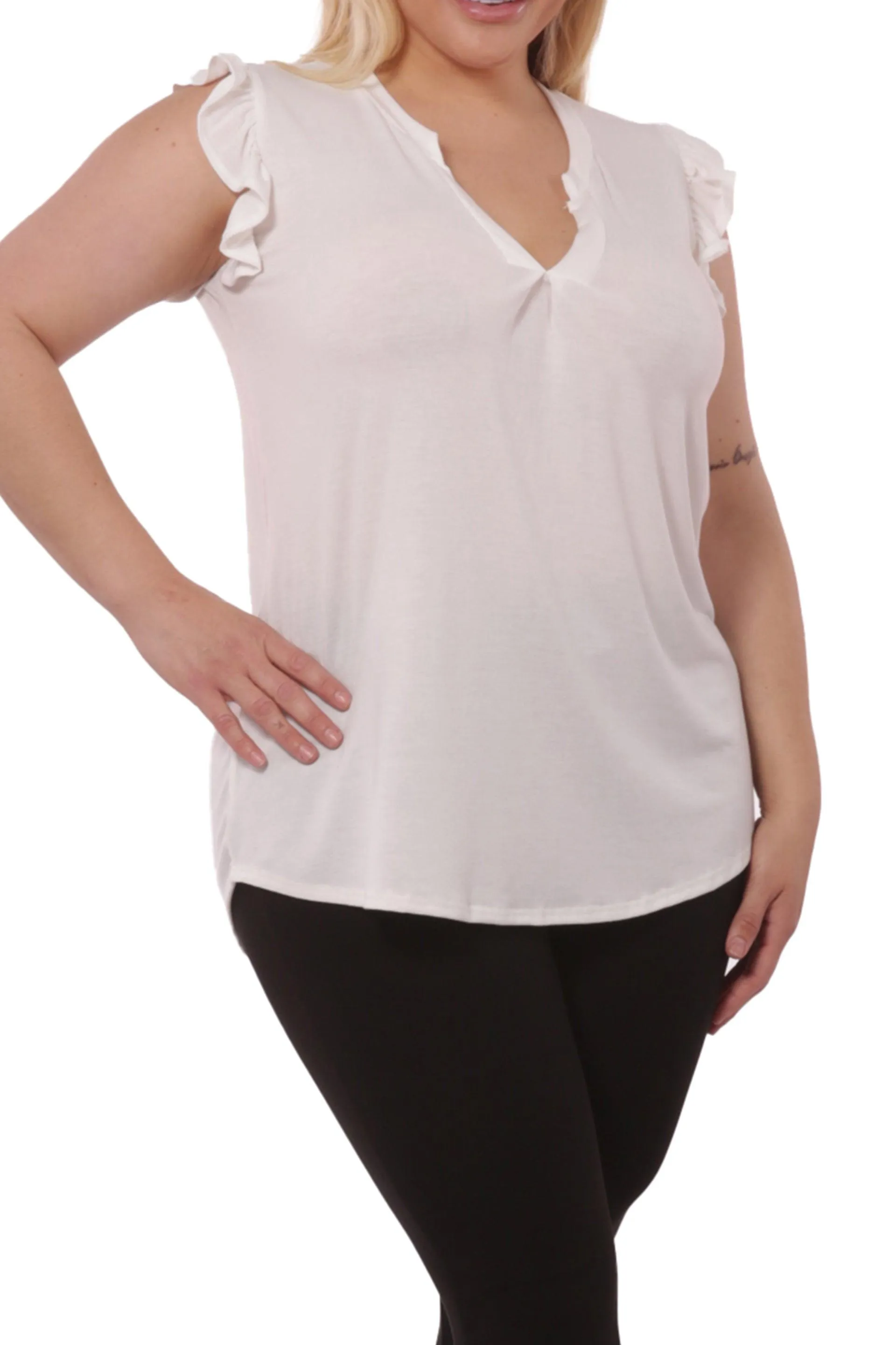 Plus Size V-Neck Tops With Ruffle Armhole Detail - Ivory