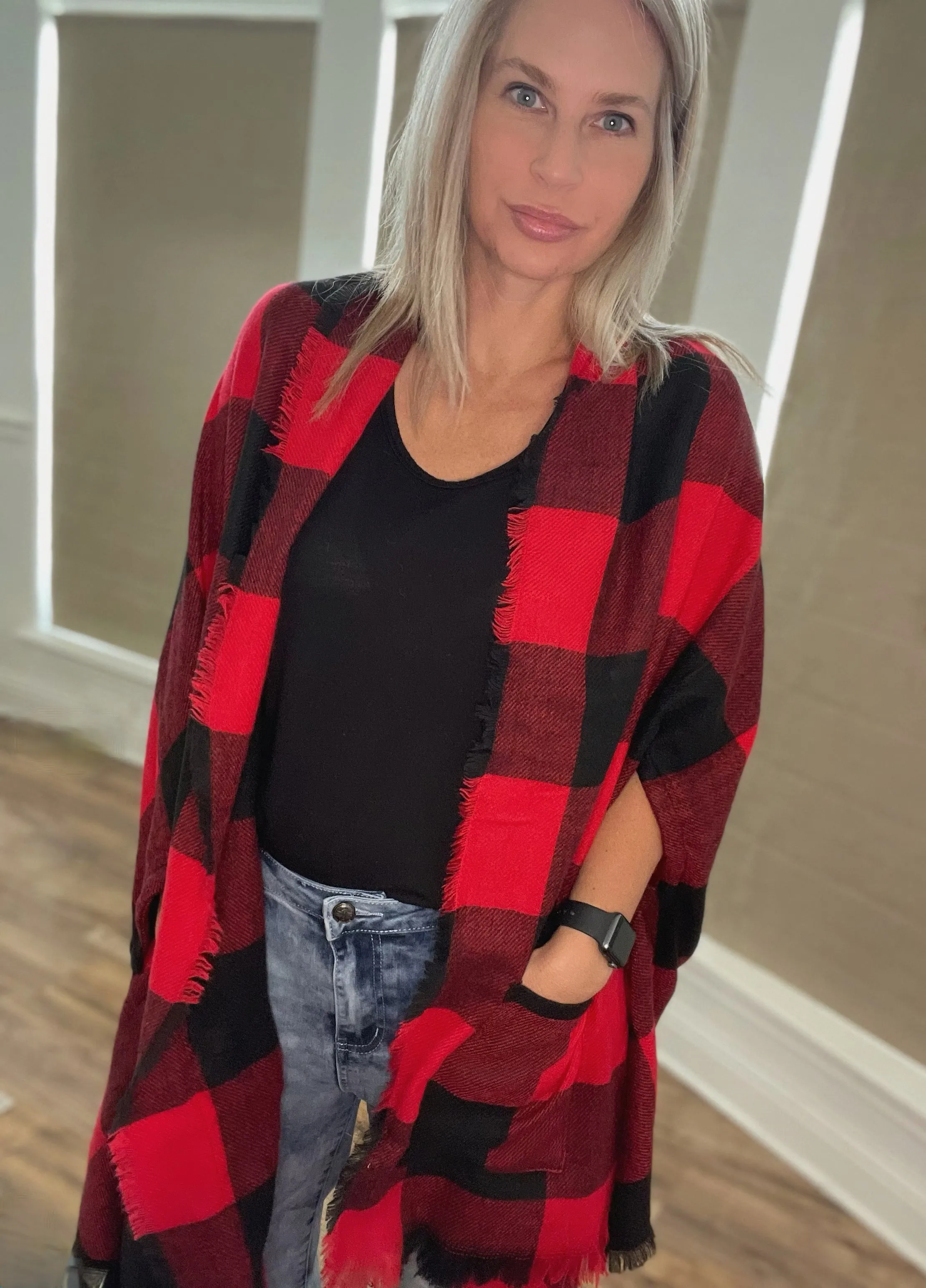 Red Buffalo Checked Poncho with Pockets