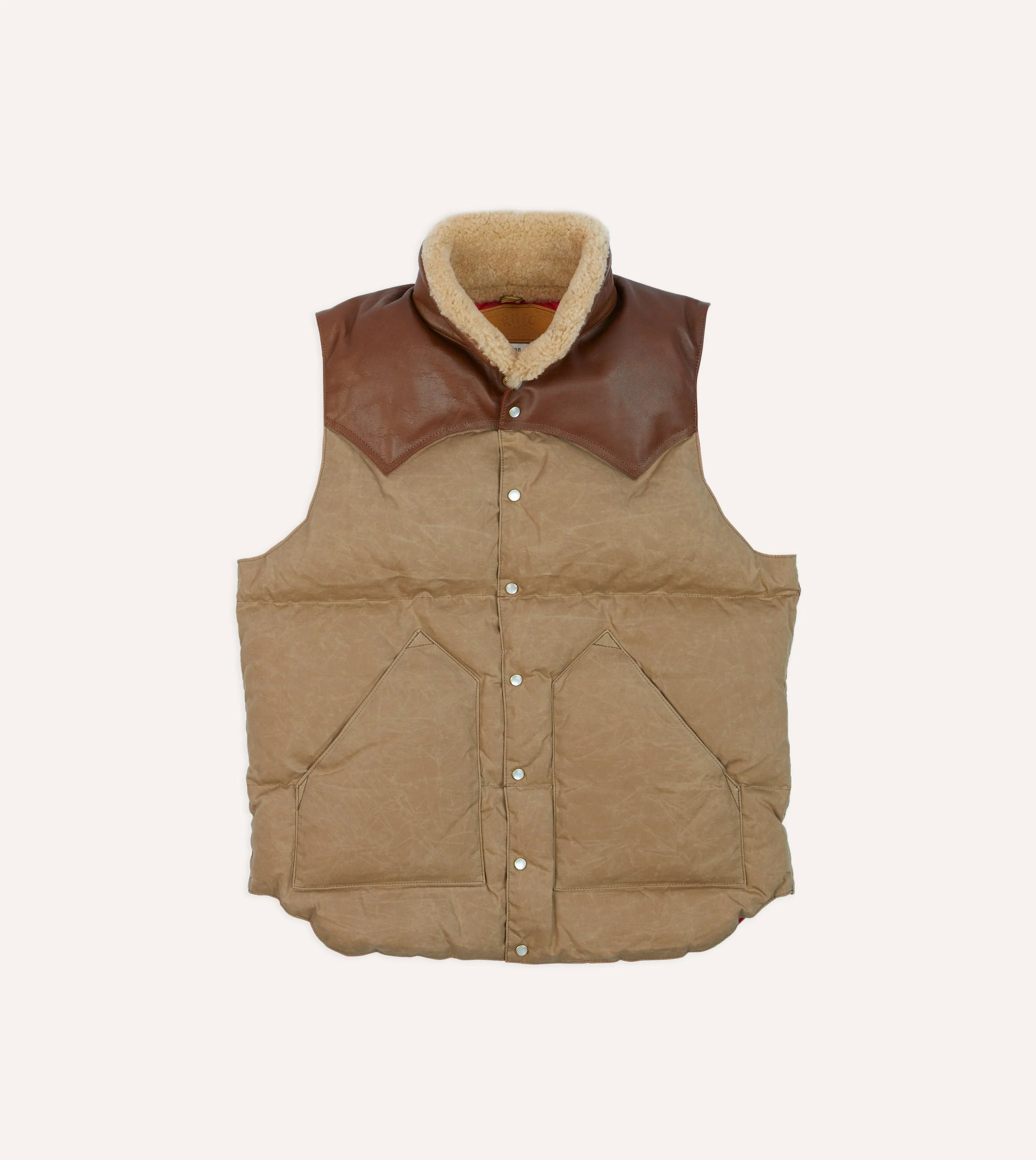 Rocky Mountain Featherbed for Drake's Brown Waxed Cotton Christy Down Vest with Shearling Collar