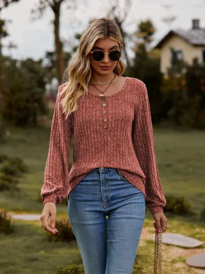 Round Neck Button-Down Long Sleeve Tee