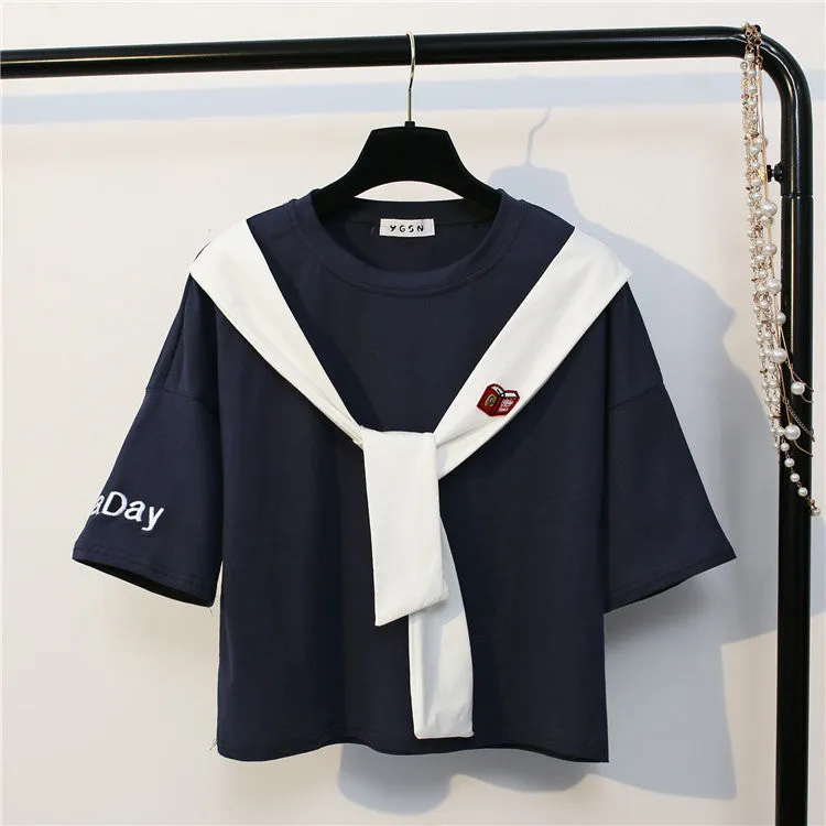 Sailor Tie Bow Patchwork Embroidery Tees