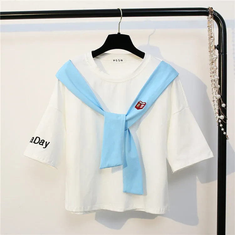 Sailor Tie Bow Patchwork Embroidery Tees