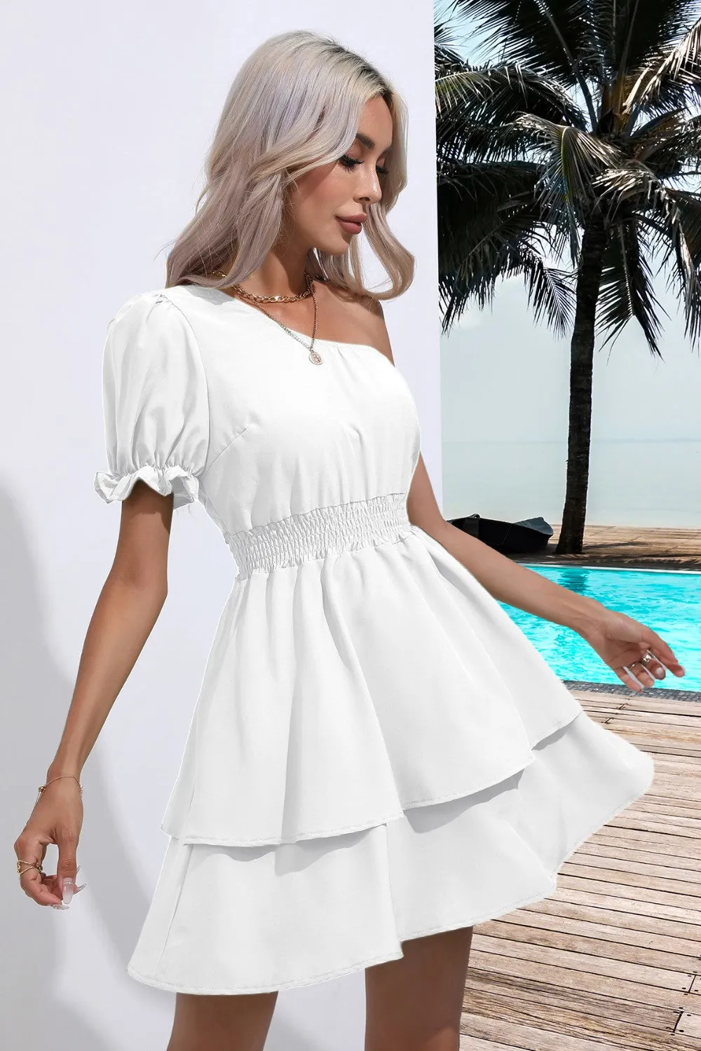 Single Shoulder Dress Casual Cinch Waist Flounce Ruffle Sleeve Mini Dress