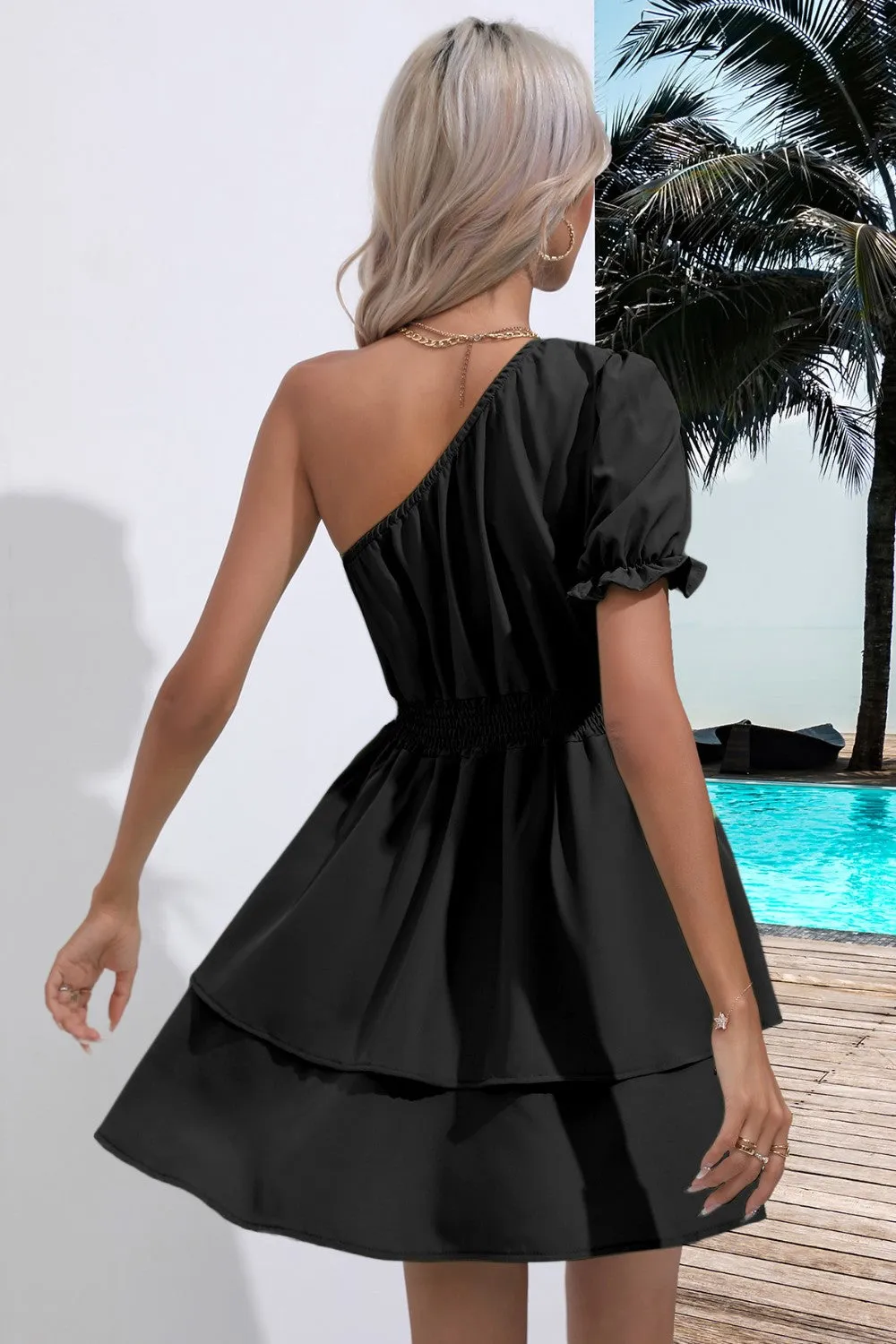 Single Shoulder Dress Casual Cinch Waist Flounce Ruffle Sleeve Mini Dress