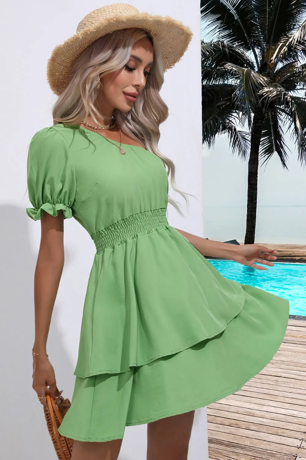 Single Shoulder Dress Casual Cinch Waist Flounce Ruffle Sleeve Mini Dress