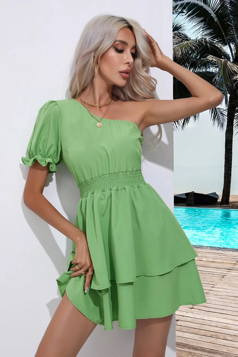 Single Shoulder Dress Casual Cinch Waist Flounce Ruffle Sleeve Mini Dress