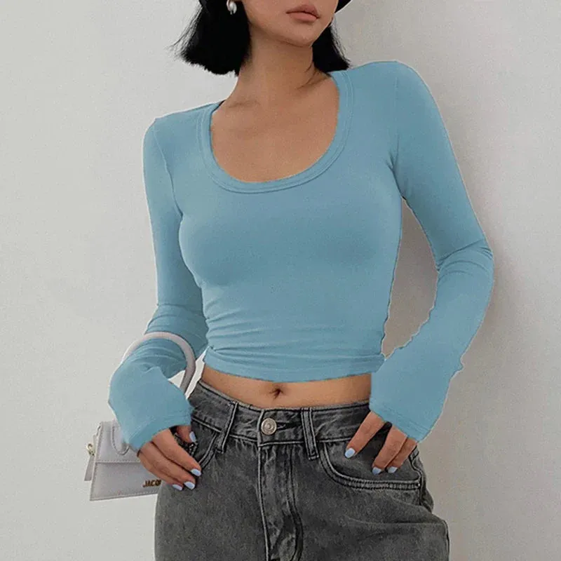 Spring Summer Fashion Slim Long Sleeve Cropped Women's T-shirt