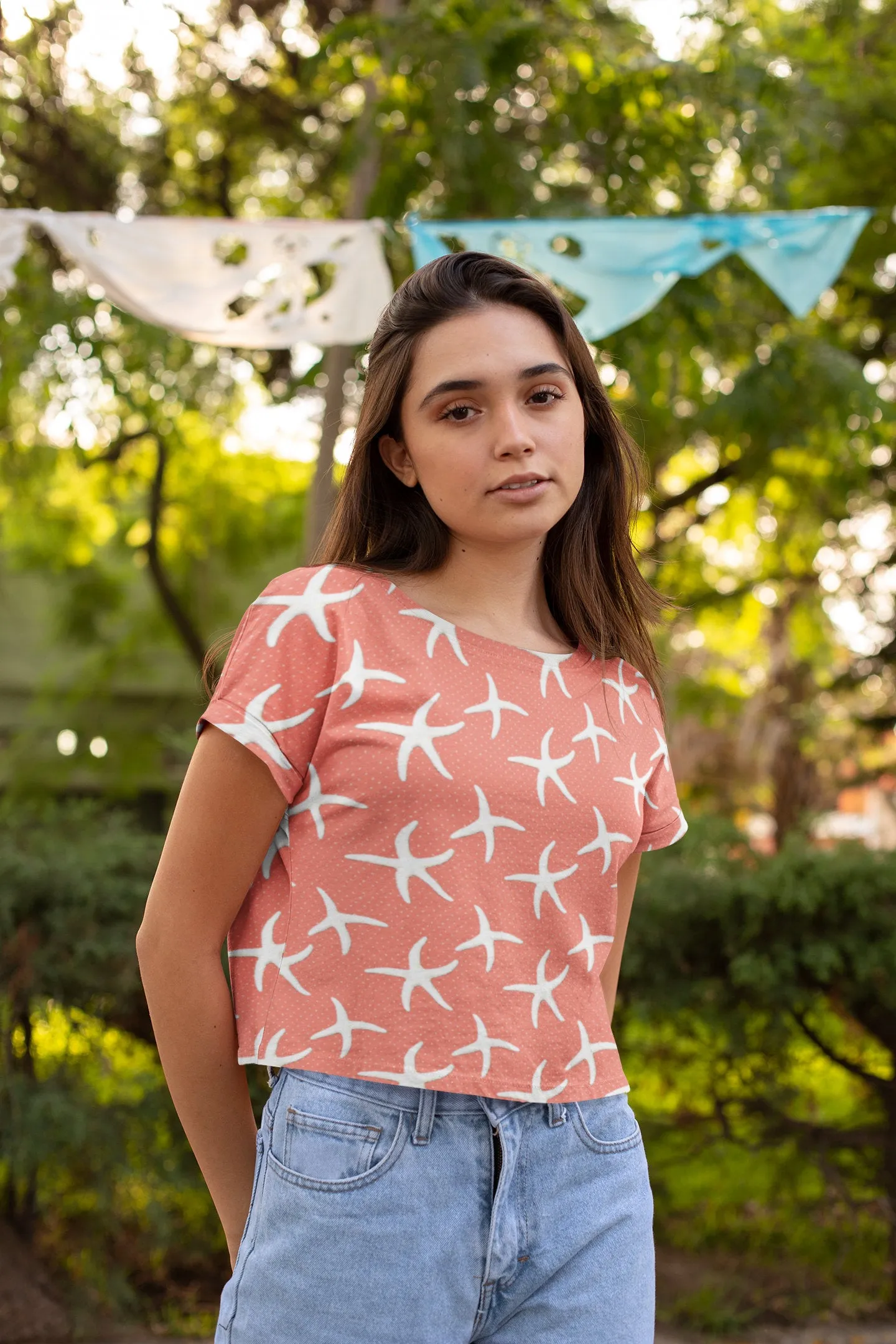 Stay Cool and Stylish: Summer Salmon Crop Tee - Trendy, Casual, and Comfortable! Crop tee with Coral designs, Fashionable and Fun Crop Tee