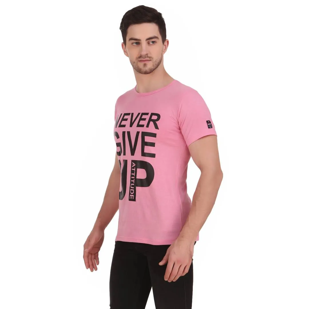 Stylish & Comfortable Round Neck NEVER GIVE UP Printed T-Shirt For Men's (Pink)