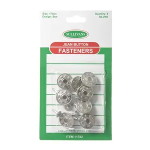 Sullivans Jean Button 8 Pack, Silver Star- 17mm