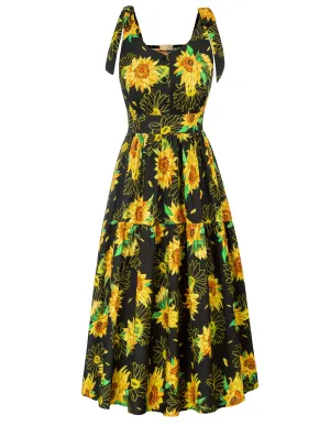 Sunflower Printed Tiered Midi Dress Sleeveless V-Neck Defined Waist A-Line Dress