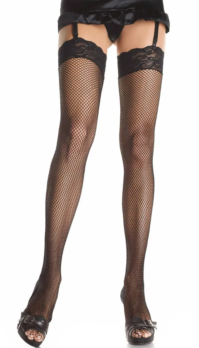 Thigh High Plus Size Black Fishnet Stockings with Lace Tops