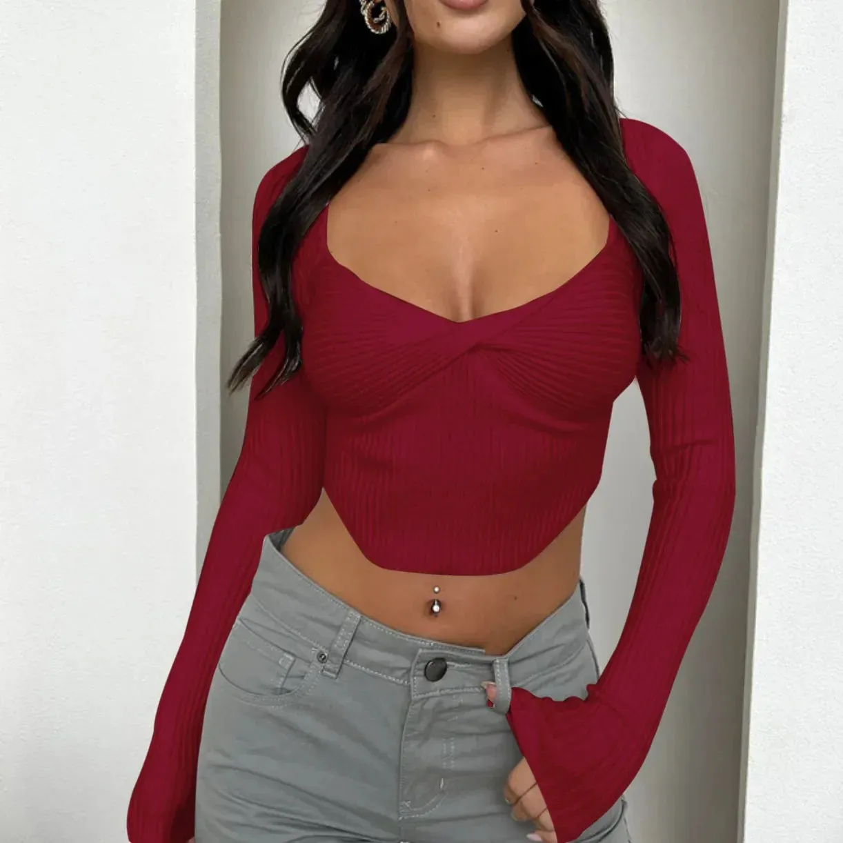 White Ribbed Long Sleeve Slim Stretch Square Collar Cropped Tee Shirt Women's Y2k Fashion T-shirt