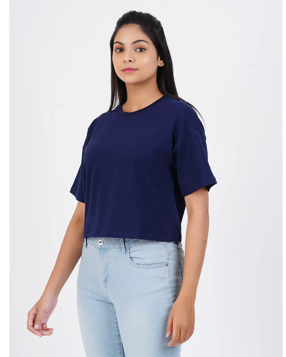 Women Denim Blue Crop Tees