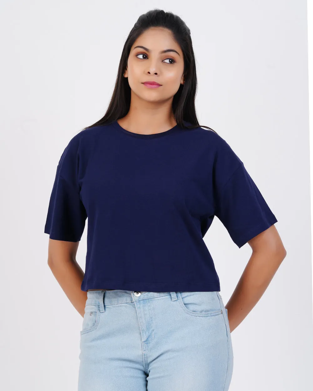 Women Denim Blue Crop Tees