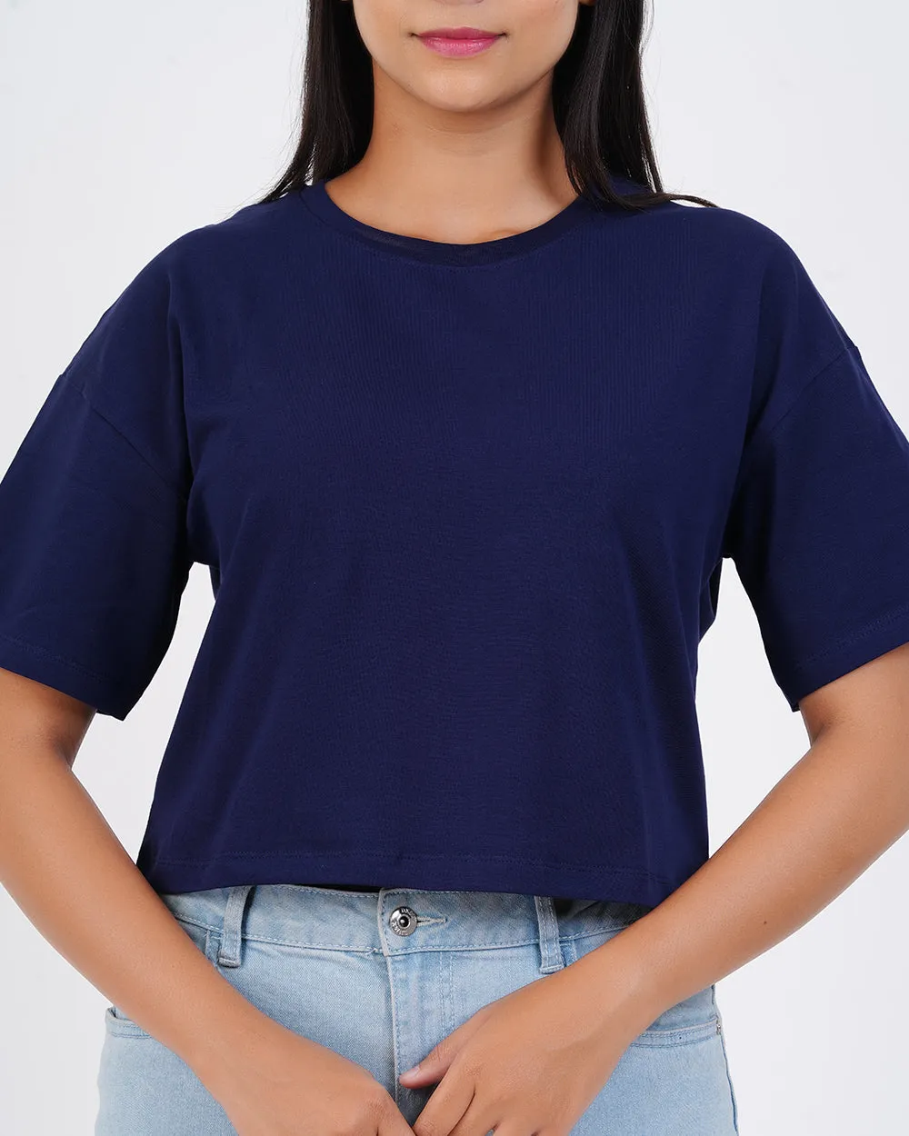 Women Denim Blue Crop Tees